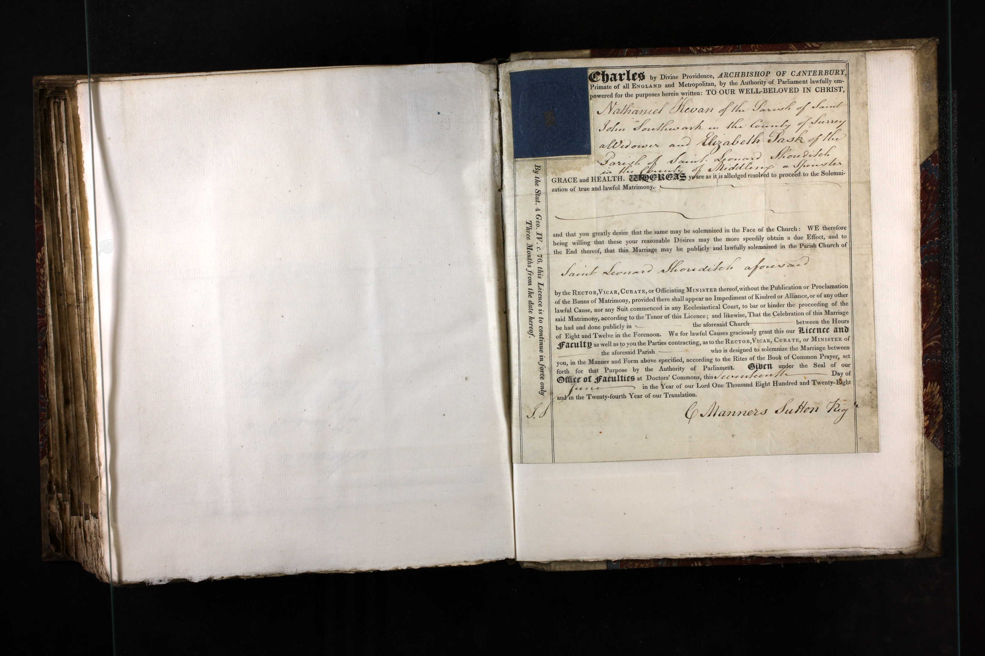 Licence granted for the marriage of Nathaniel Kevan to Elizabeth Pask in 1828