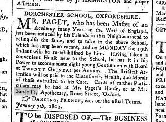 The founding of Dorchester School in 1801 by Mr Paget. Edward Sandell’s apothecary is given as a contact address.