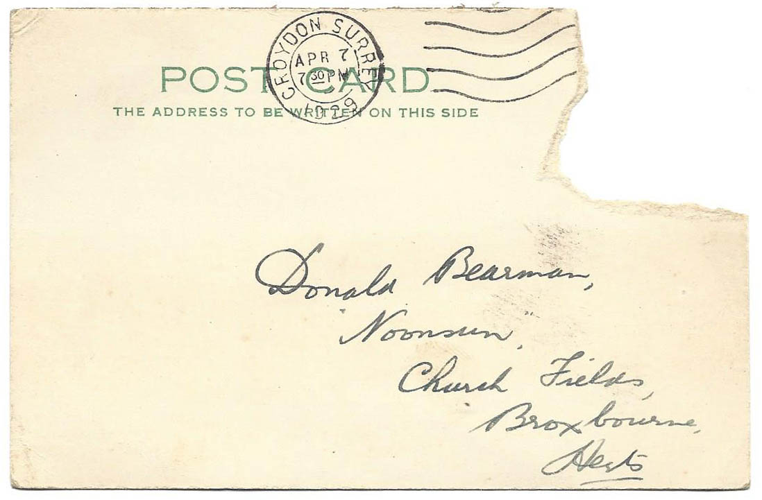 1929-04-08 Post card to Donald Bearman from Harold Bing on the 10th anniversary of his release - April 23rd 1919