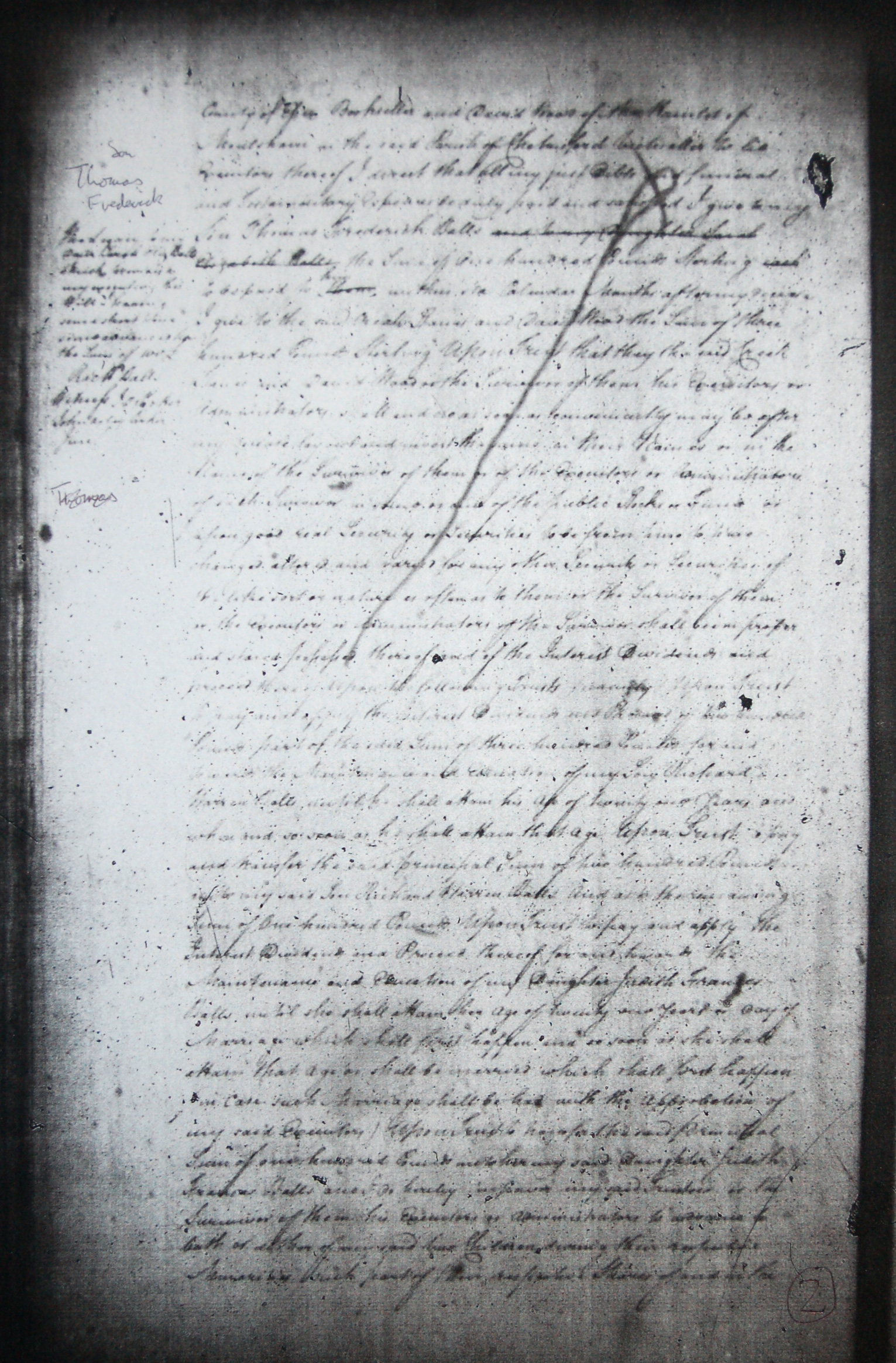 The will of Richard Balls, 1798, page 2. This page confirms sons Thomas Frederick and Richard Warren, daughter Sarah Elizabeth crossed out presumably because she married Thomas Bearman around the time of writing, and daughter Judith Frances.