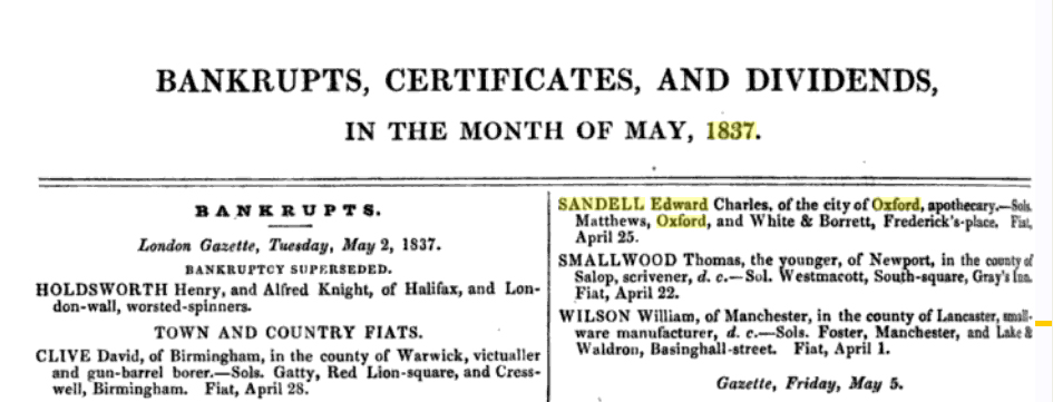 Edward Sandell\'s bankruptcy in 1837