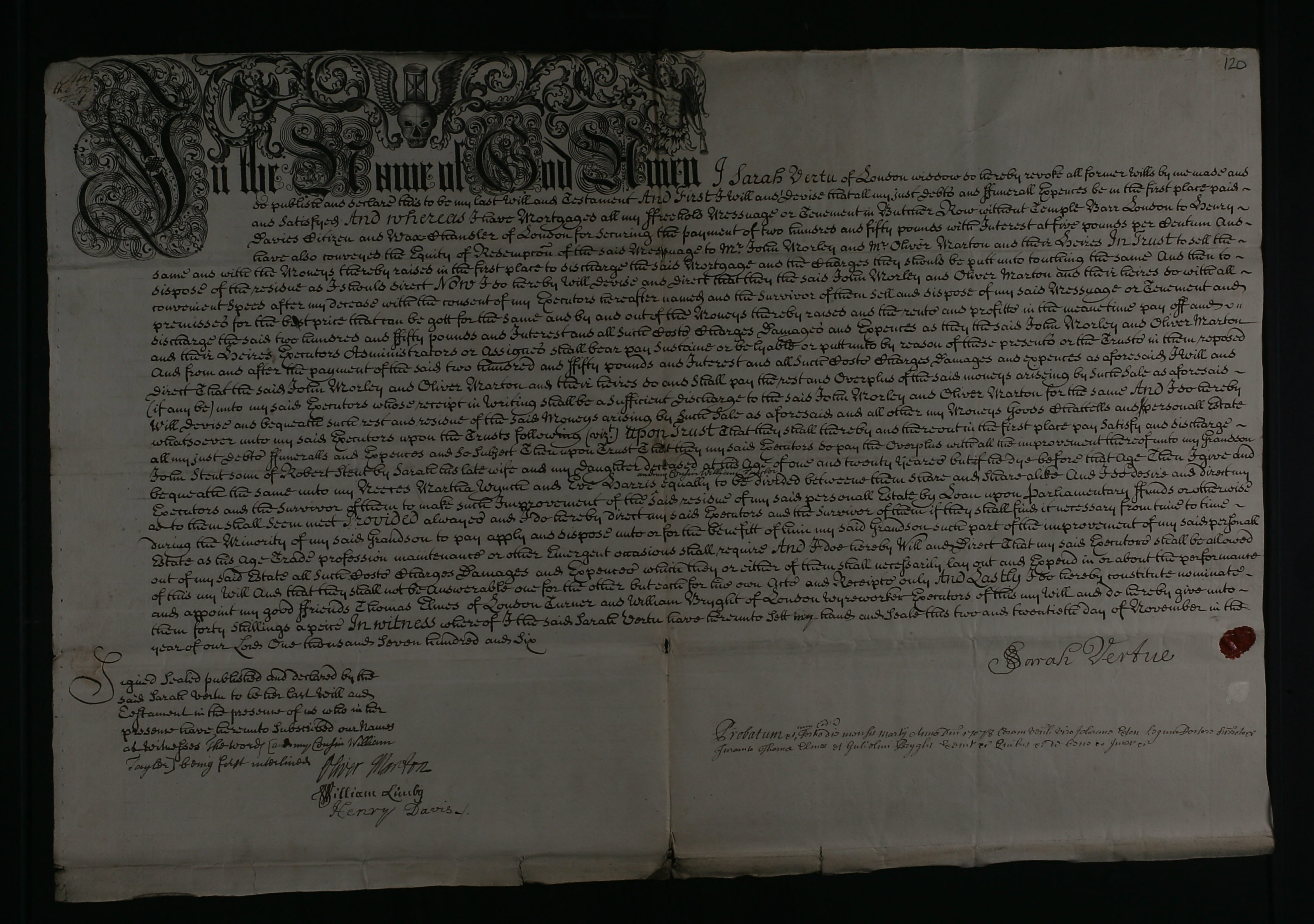 The will of Sarah Vertu in 1708 - was she related?
