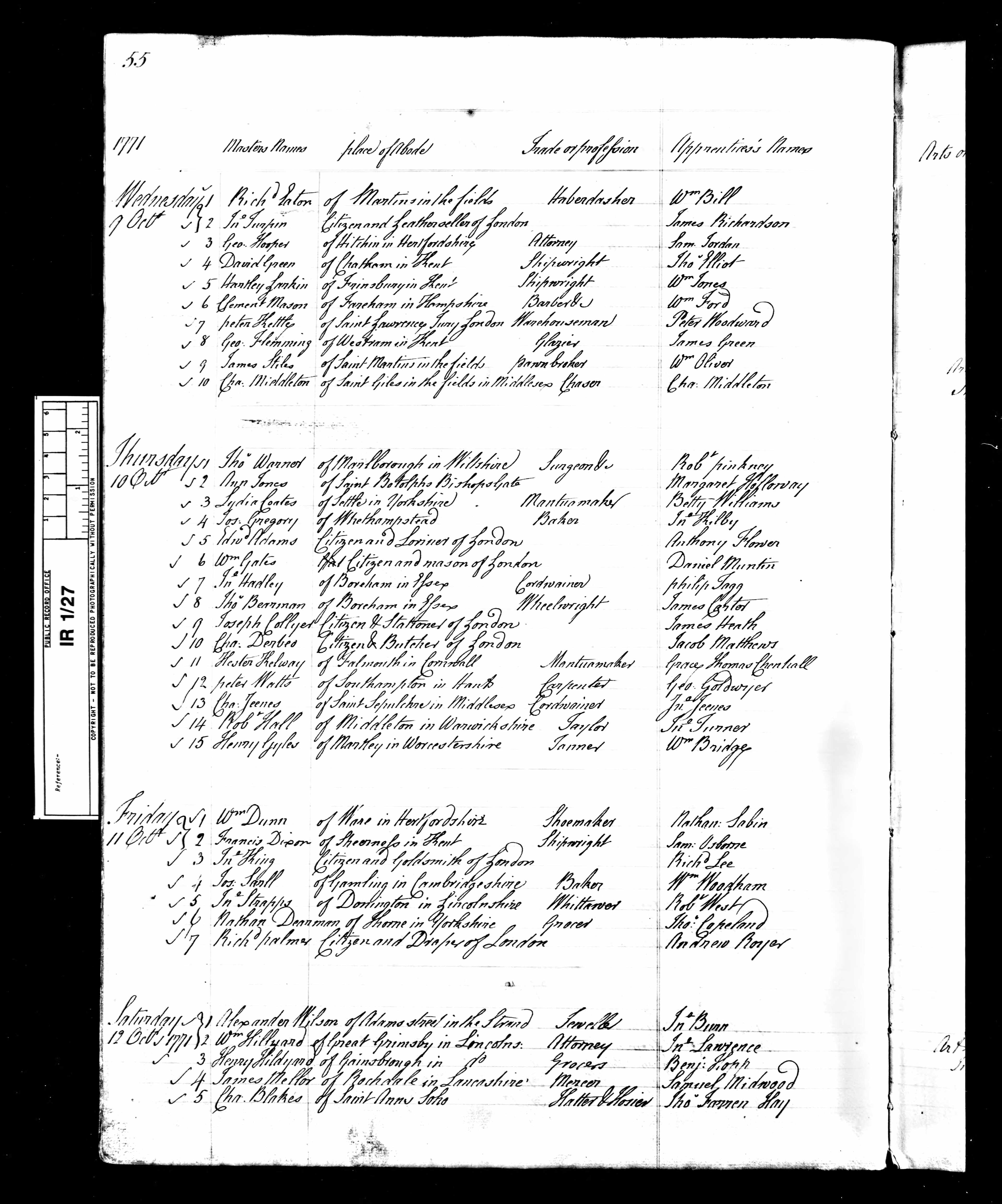 Thomas Bearman apprentices indentures 1771