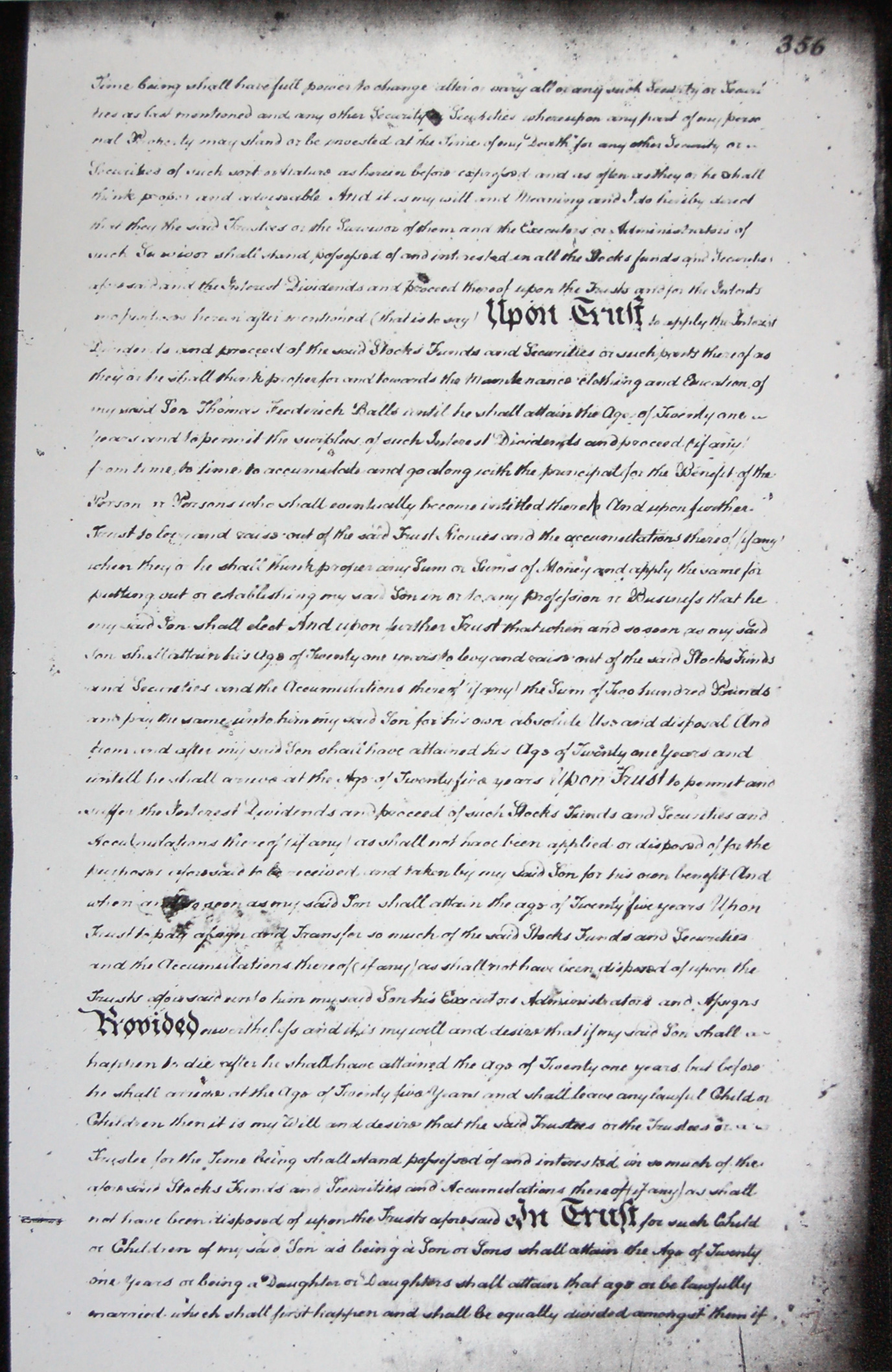 The will of Thomas Frederick Balls, proved in 1810, page 2 detailing how his son would be provided for and inherit the sum of two hundred pounds on reaching 21