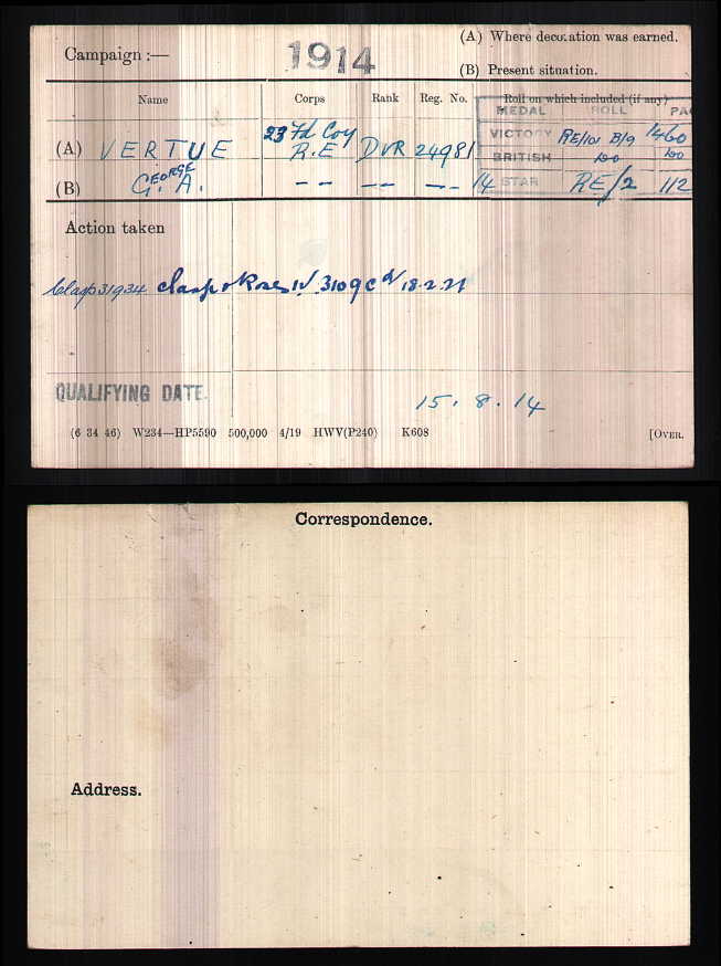 Medal card, 1914, for George A Vertue