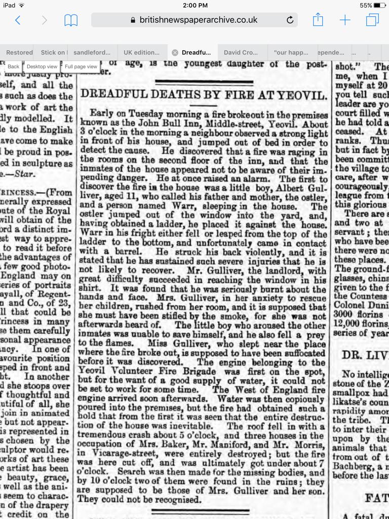 Report on fire in Yeovil on 7th March 1863 that burnt down the neighbouring pub killing 4 people and spreading to the Morris’s home in Vicarage Street.
