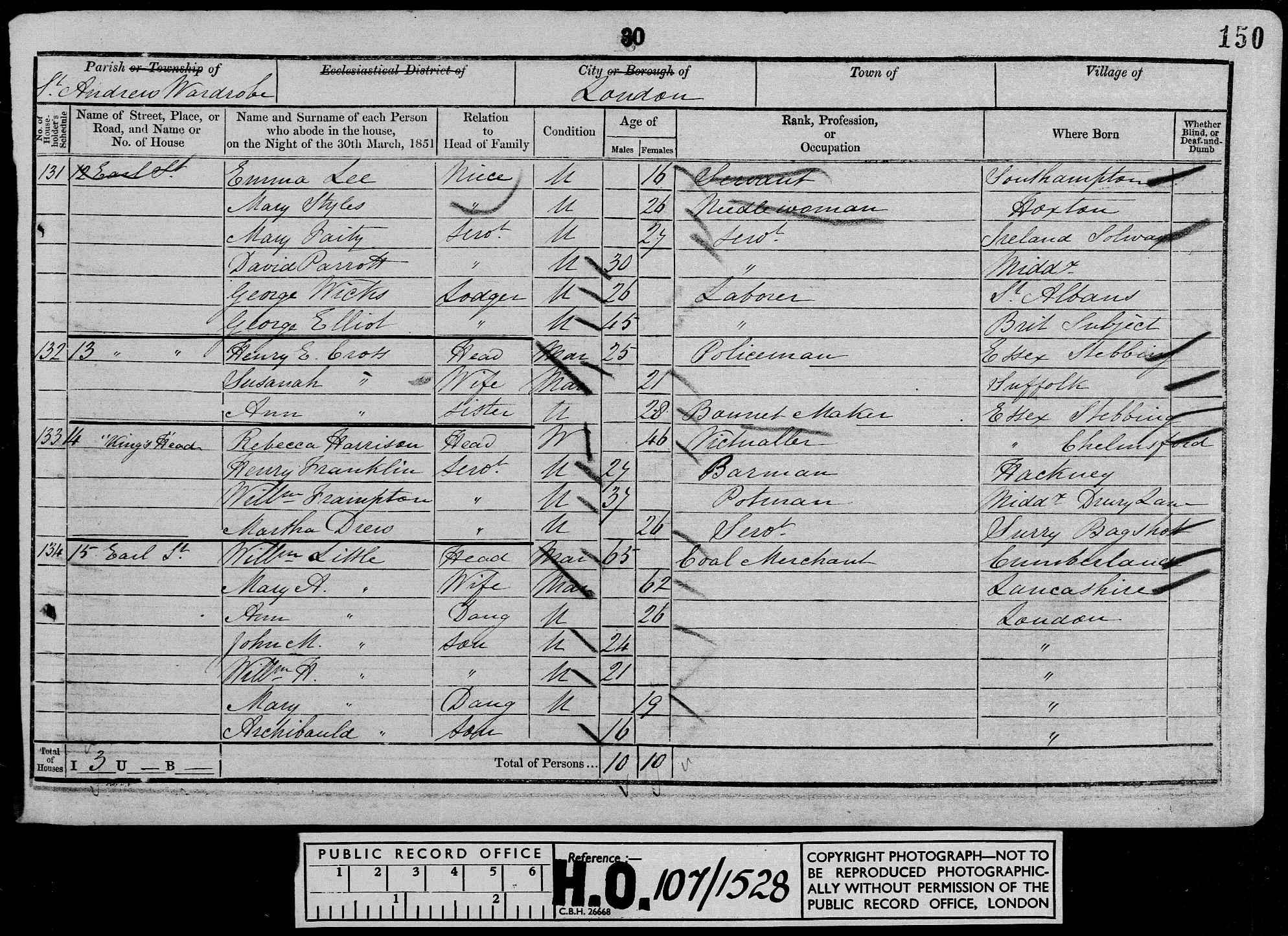 1851: 13, Earl Street, Saint Andrew Wardrobe, London, Middlesex