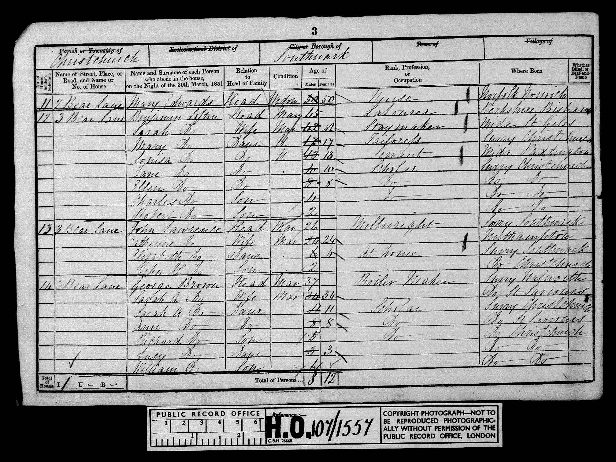 1851: 3 Bear Lane, Christchurch, Southwark, Surrey