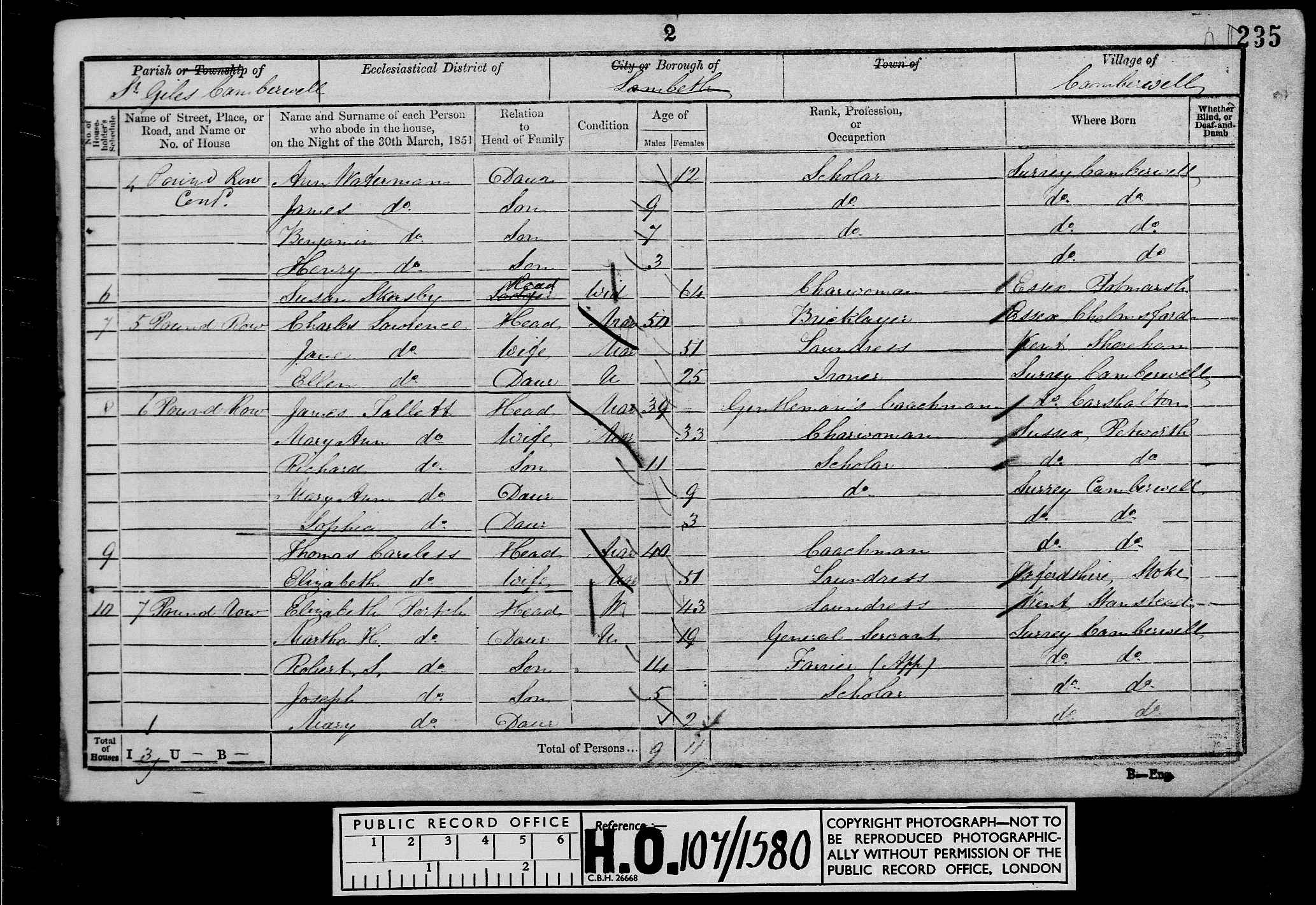 1851: 7 Pound Row, St Giles Camberwell, London