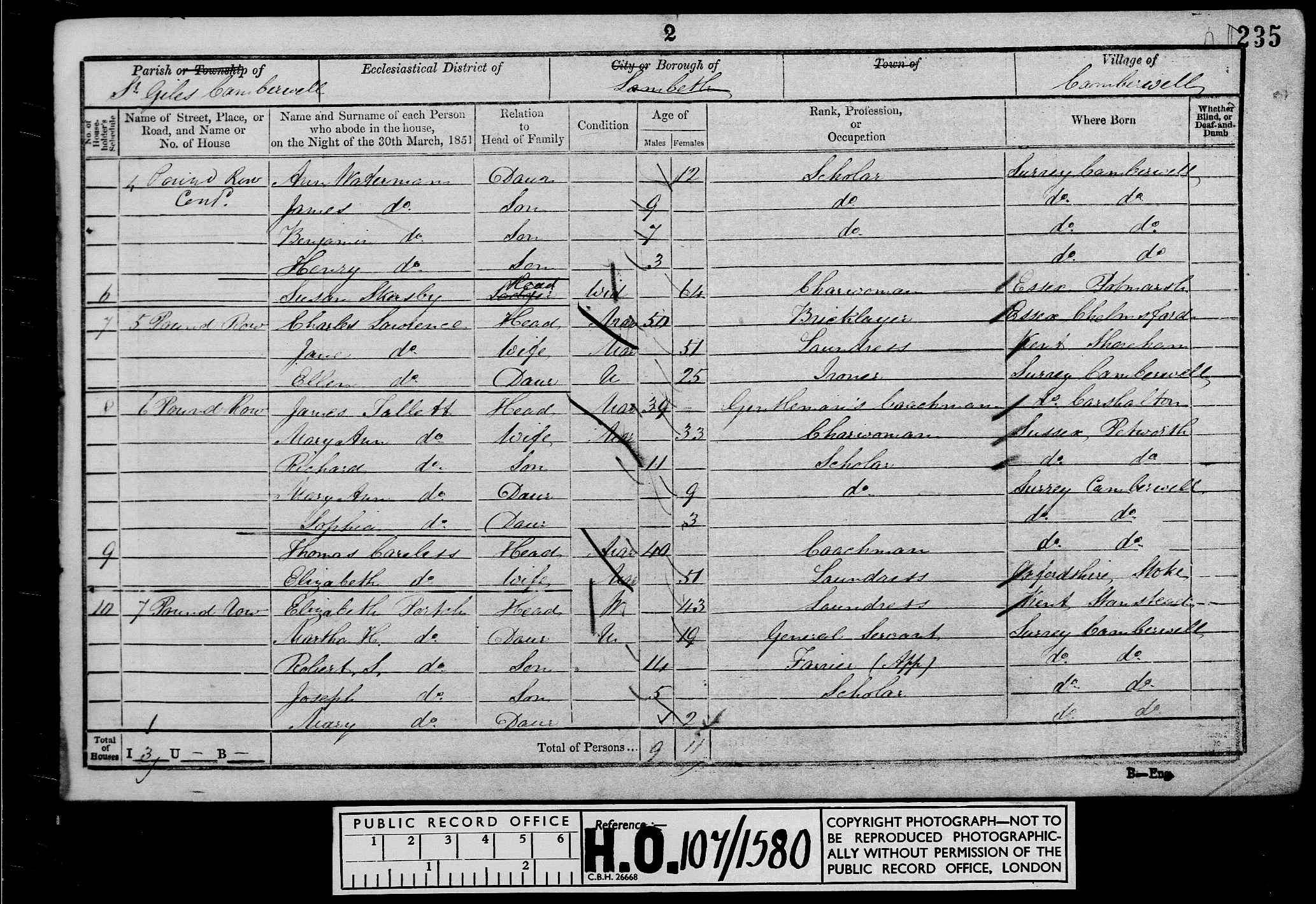 1851: 7 Pound Row, St Giles Camberwell, London