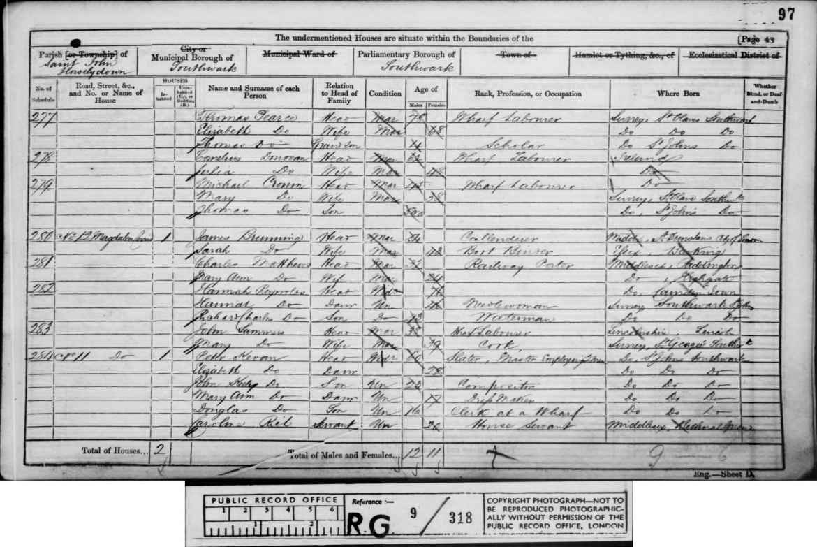 1861: 11, Magdalen Street, Saint John Horsleydown, Southwark, London, Surrey