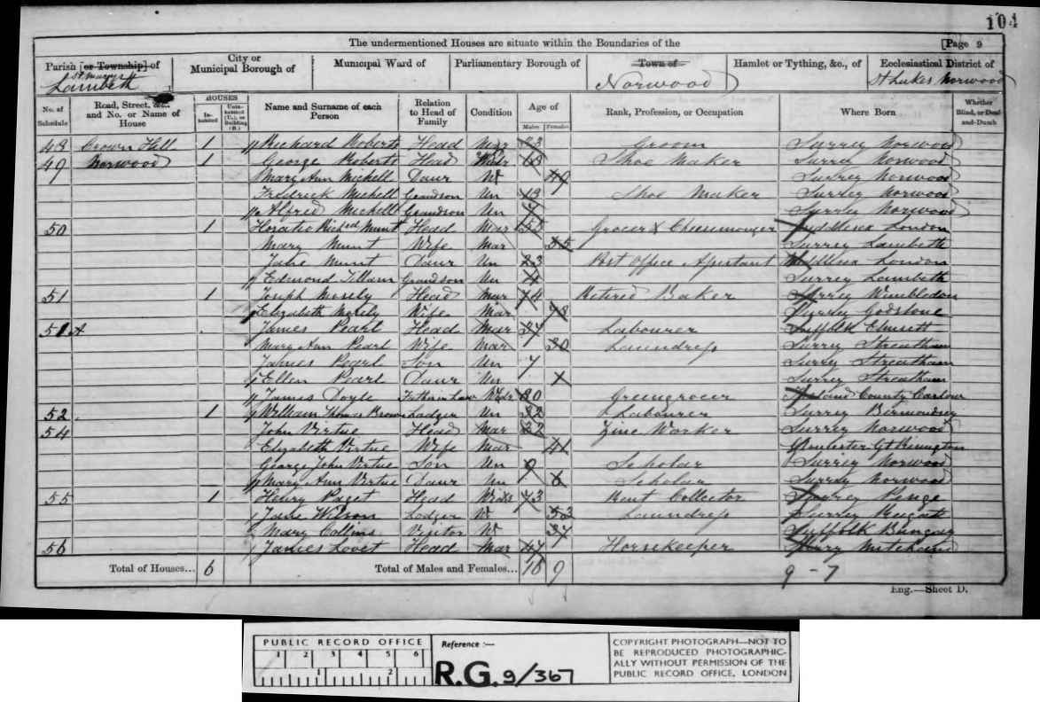 1861: Crown Hill Norwood, St Marys Lambeth, Norwood, London, Surrey