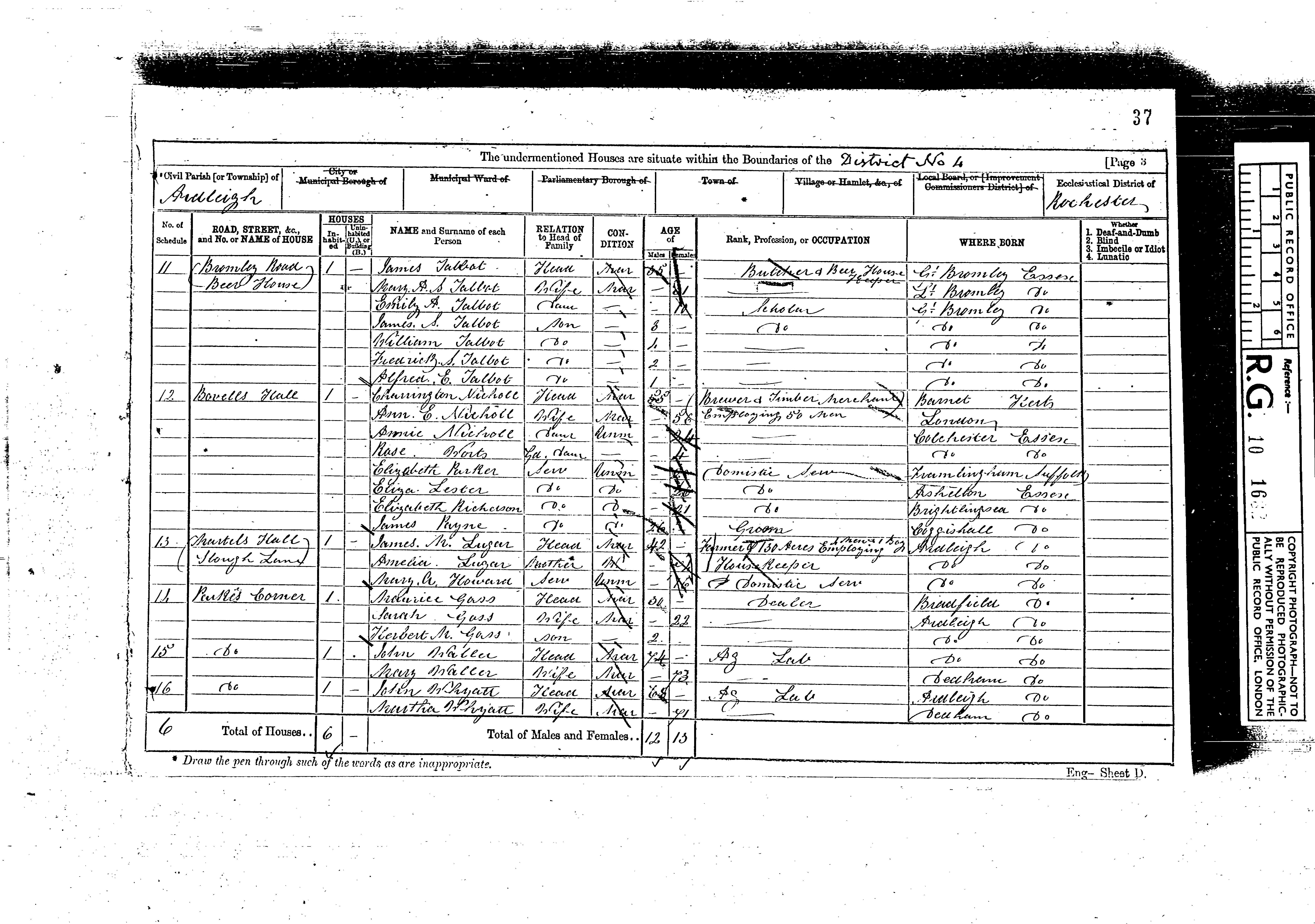 1871: Bromley Road (Martels Hall Slough Lane), Ardleigh, Essex