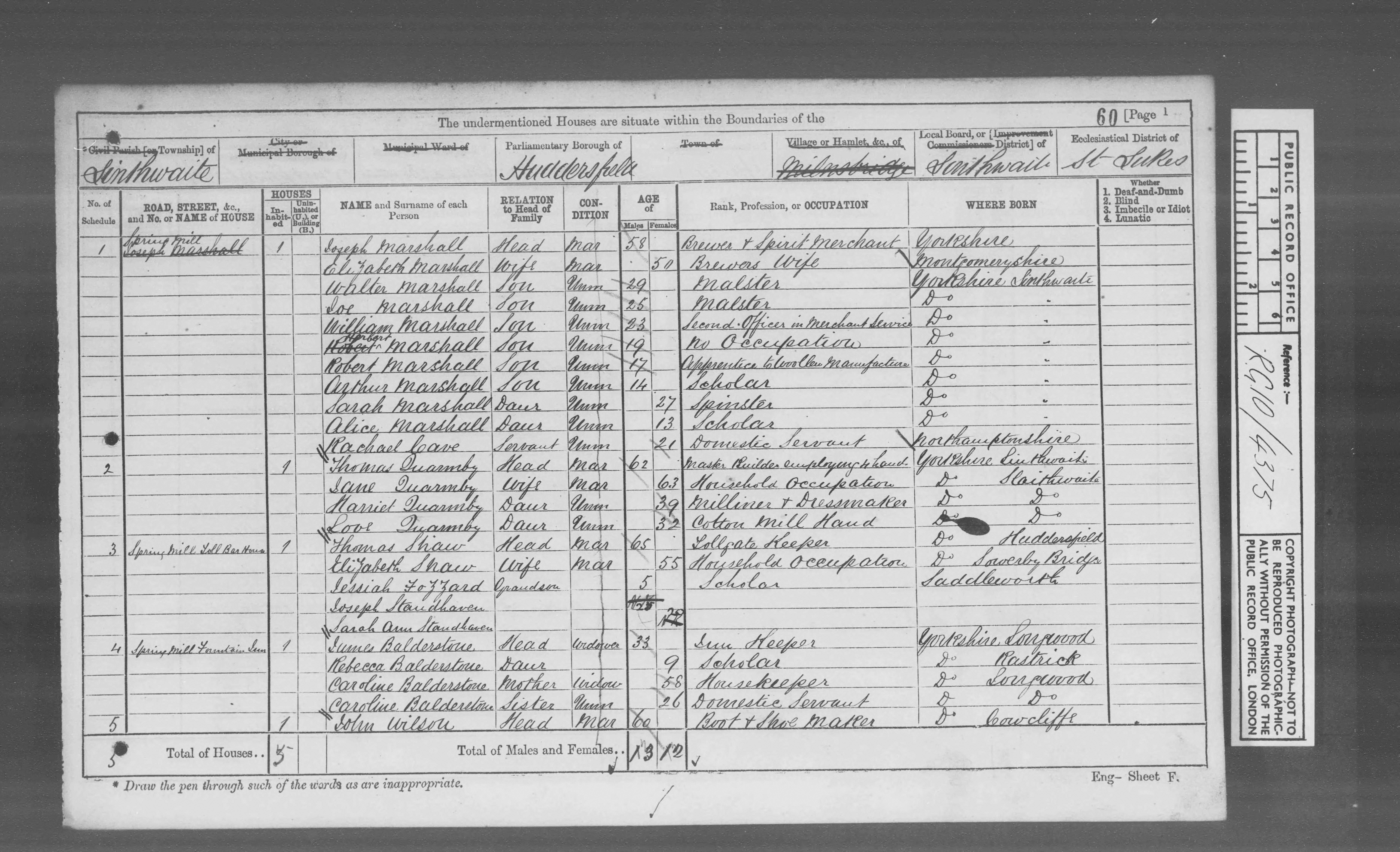 1871: Spring Mill, Toll Bar House, Yorkshire, Yorkshire (West Ridi