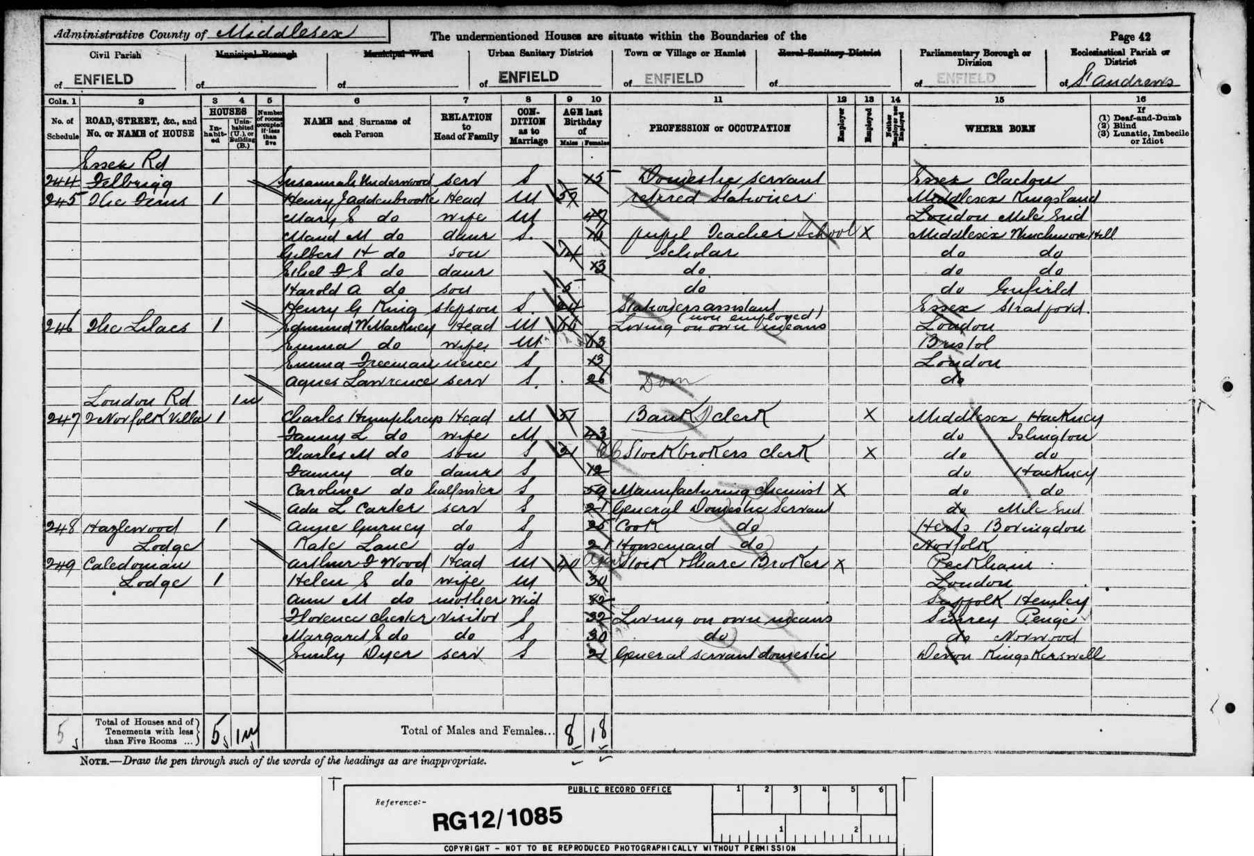 1891: 2, Norfolk Villas, London Road, Enfield, Middlesex