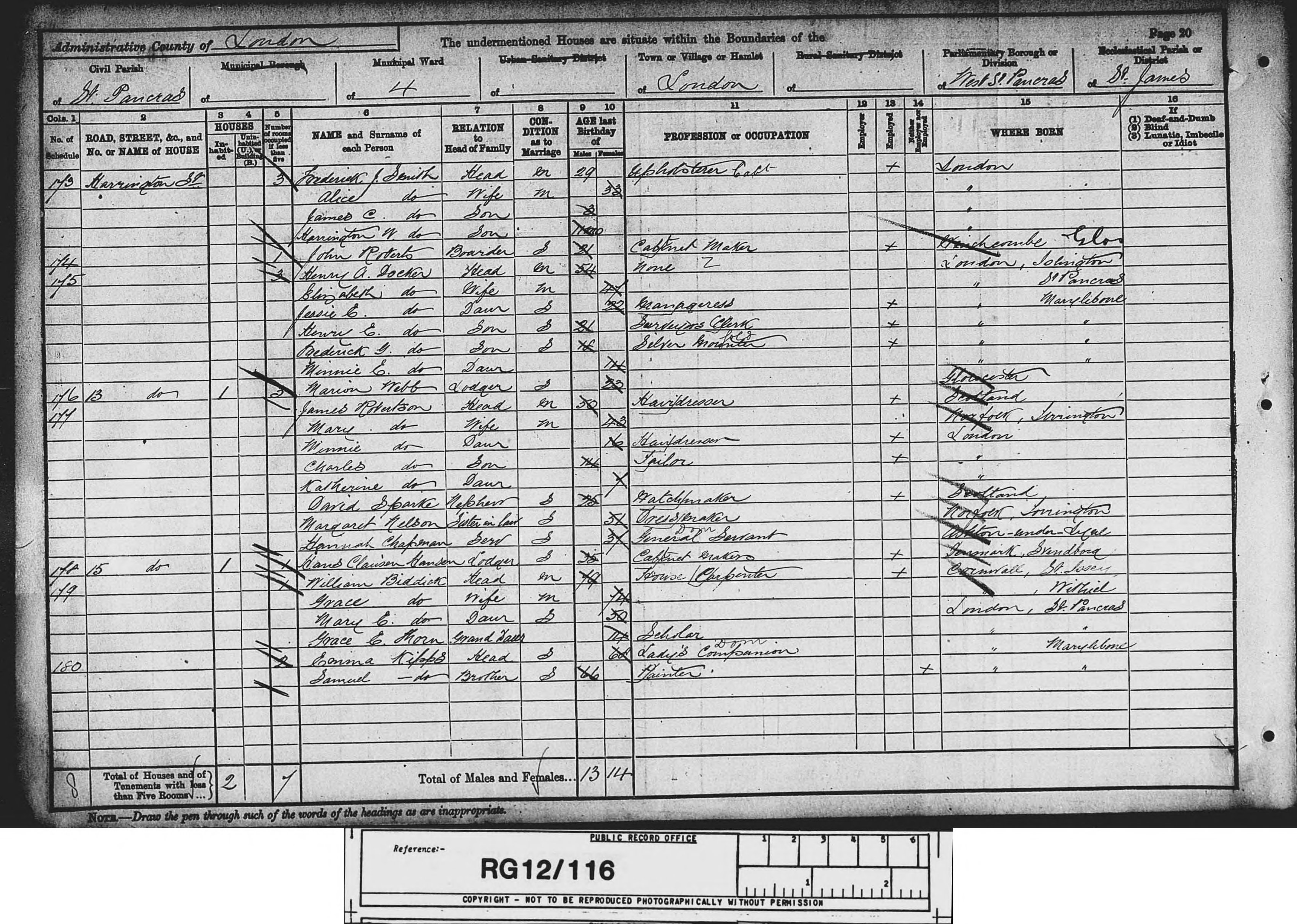 1891: Harrington Street, St Pancras, Middlesex