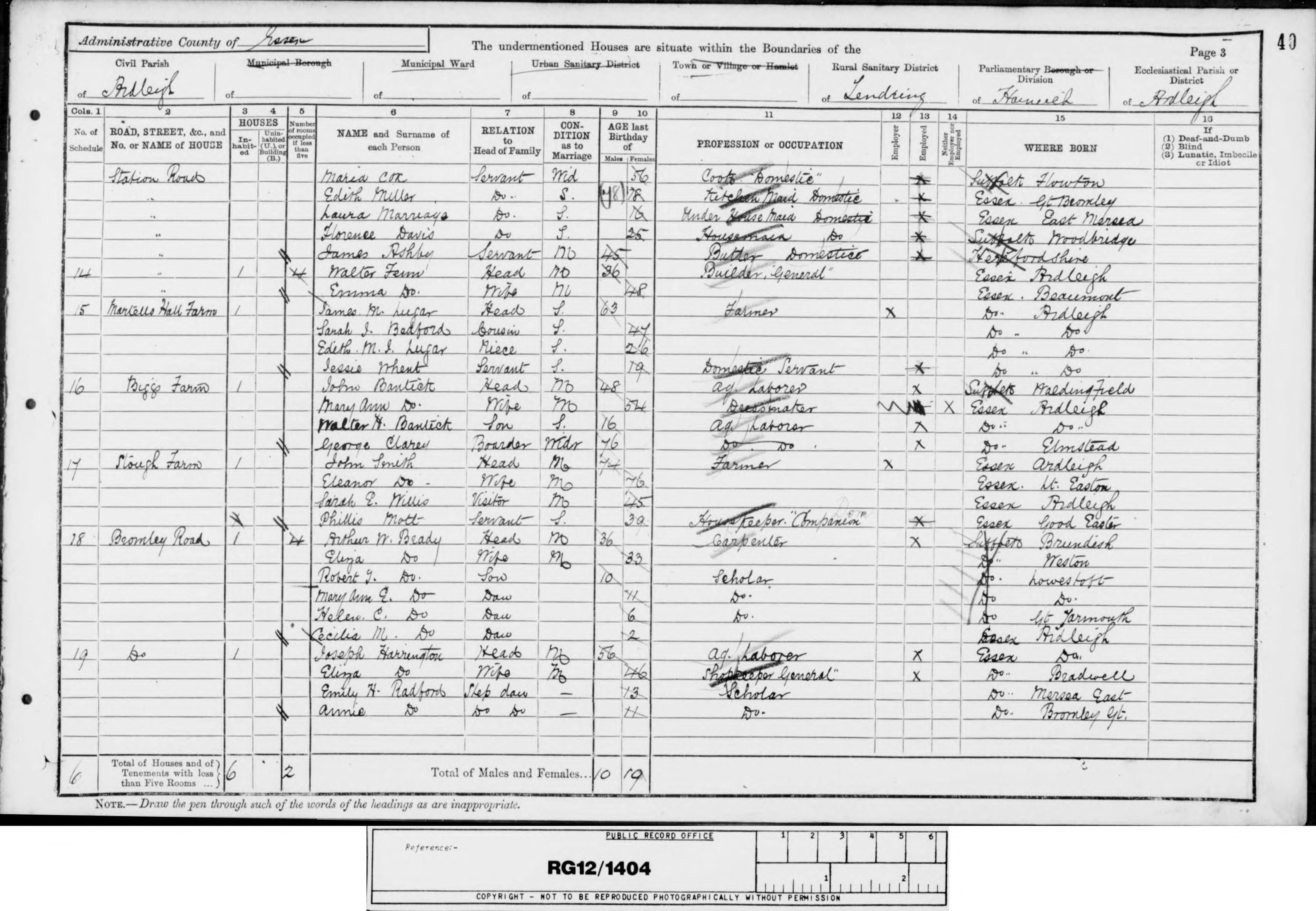 1891: Martells Hall Farm, Station Road, Ardleigh, Essex, Essex