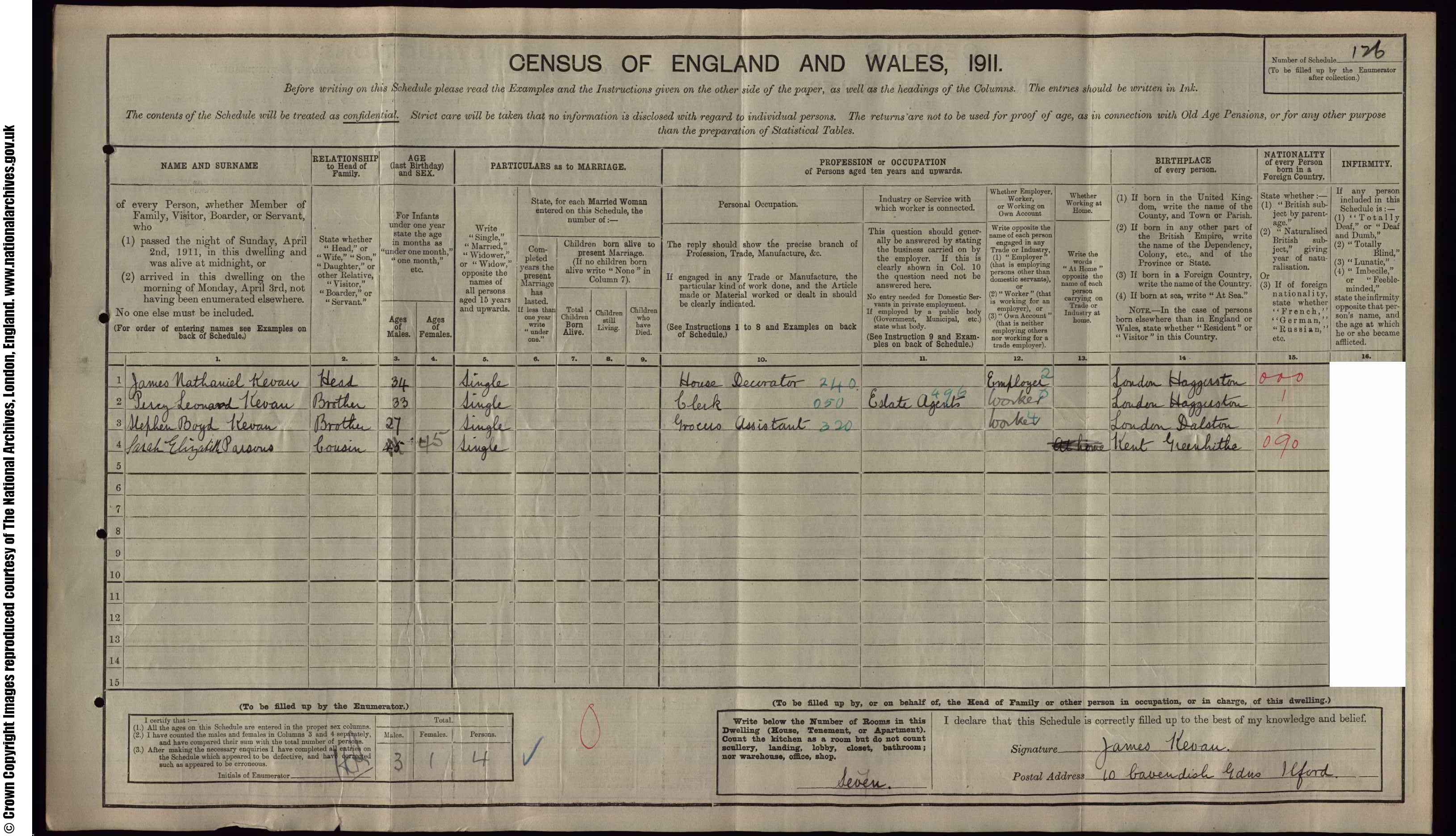 1911: 10  Cavendish Gardens, Ilford, Essex