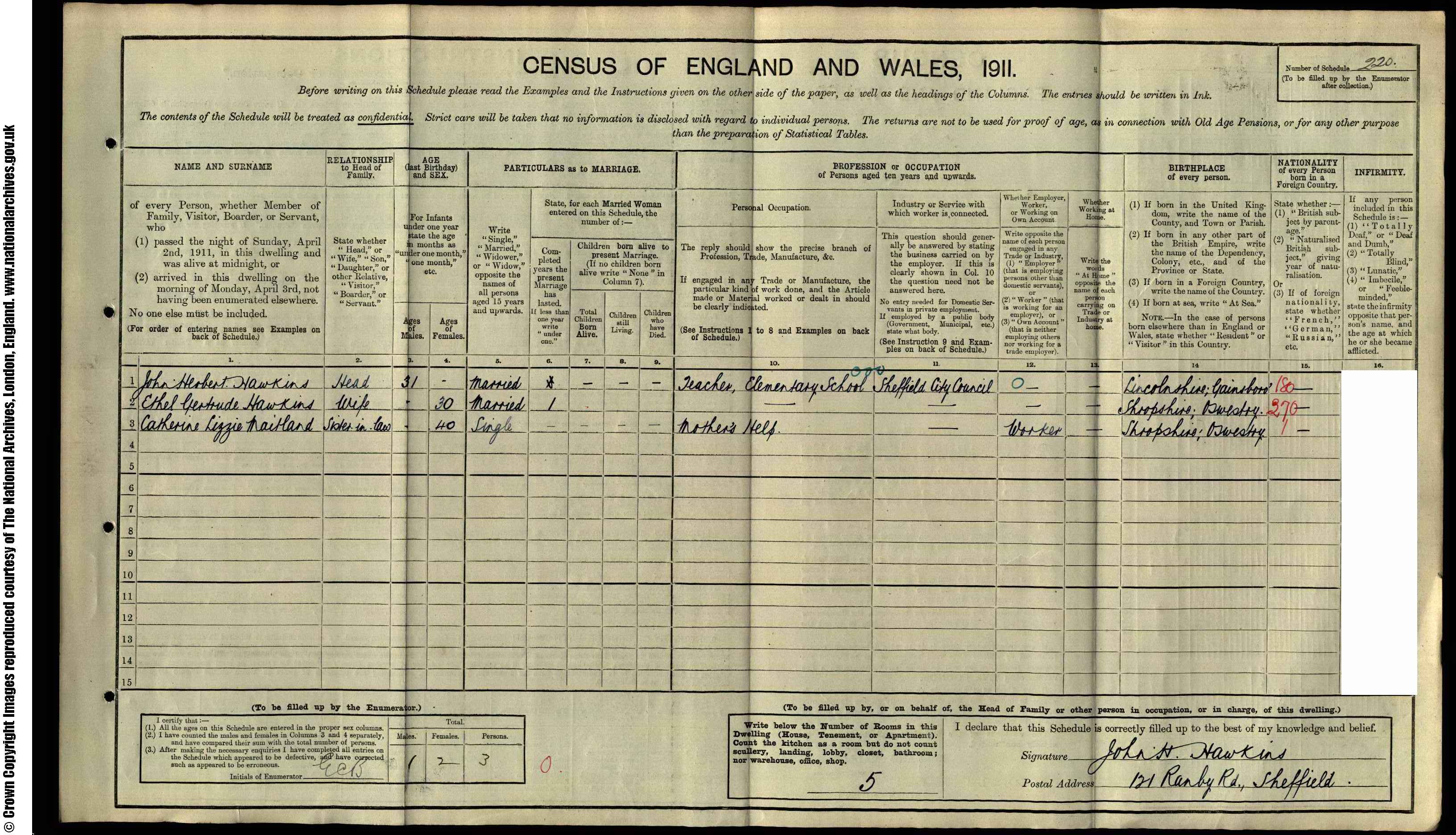 1911: 121  Ranby Road Endcliffe Sheffield, Yorkshire (West riding)