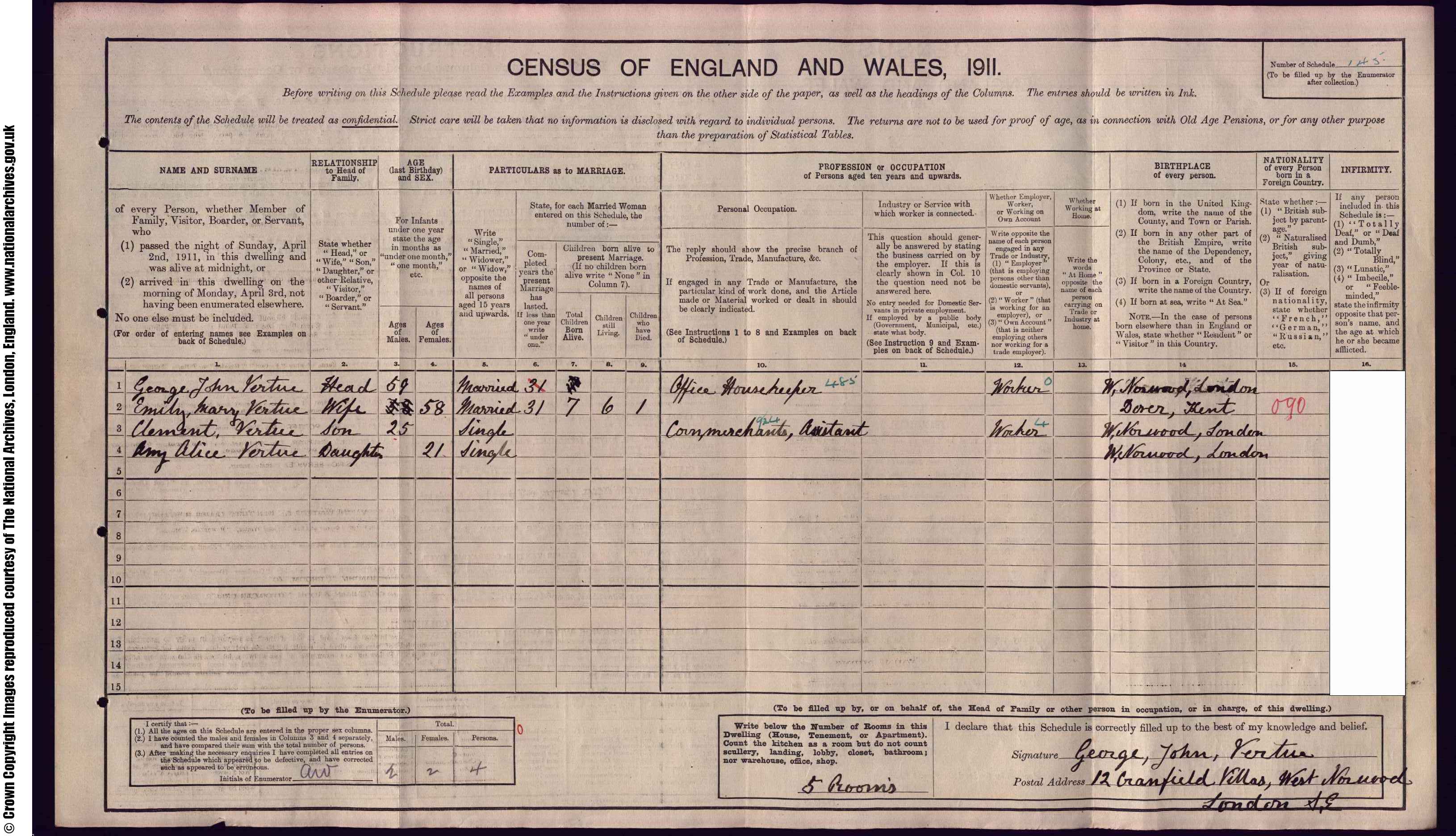 1911: 12  Cranfield Villas W Norwood, London