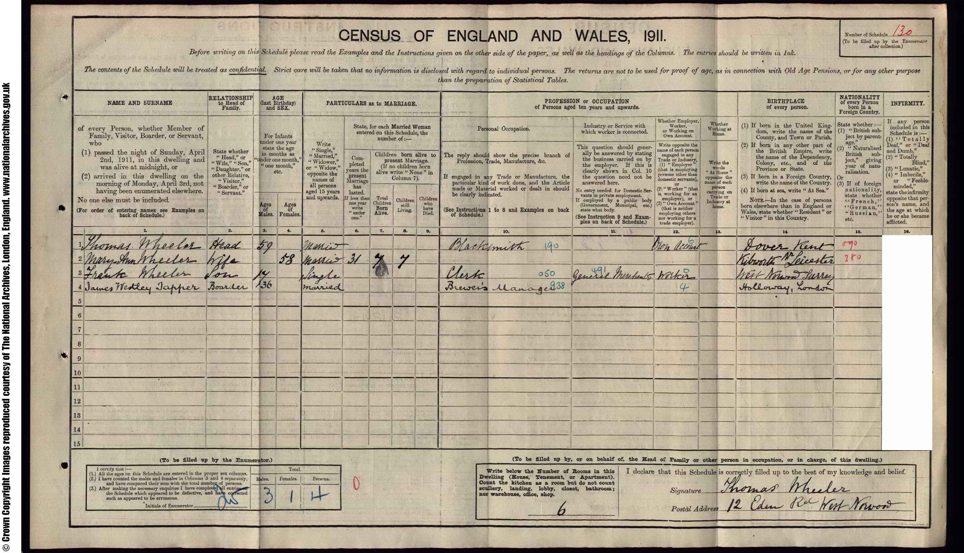 1911: 12  Eden Road W Norwood S E, London