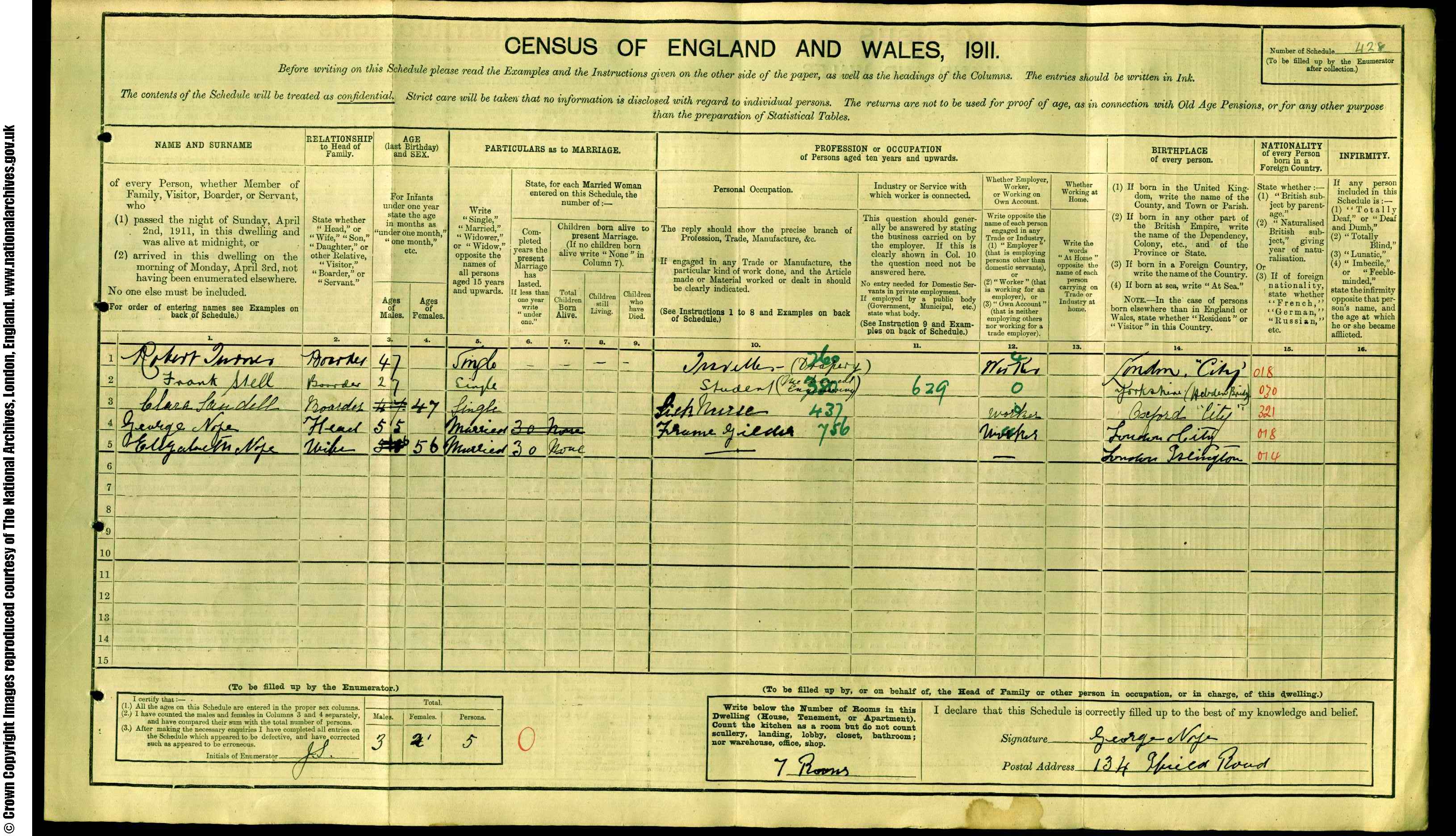 1911: 134 Ifield Road, West Brompton S W, London