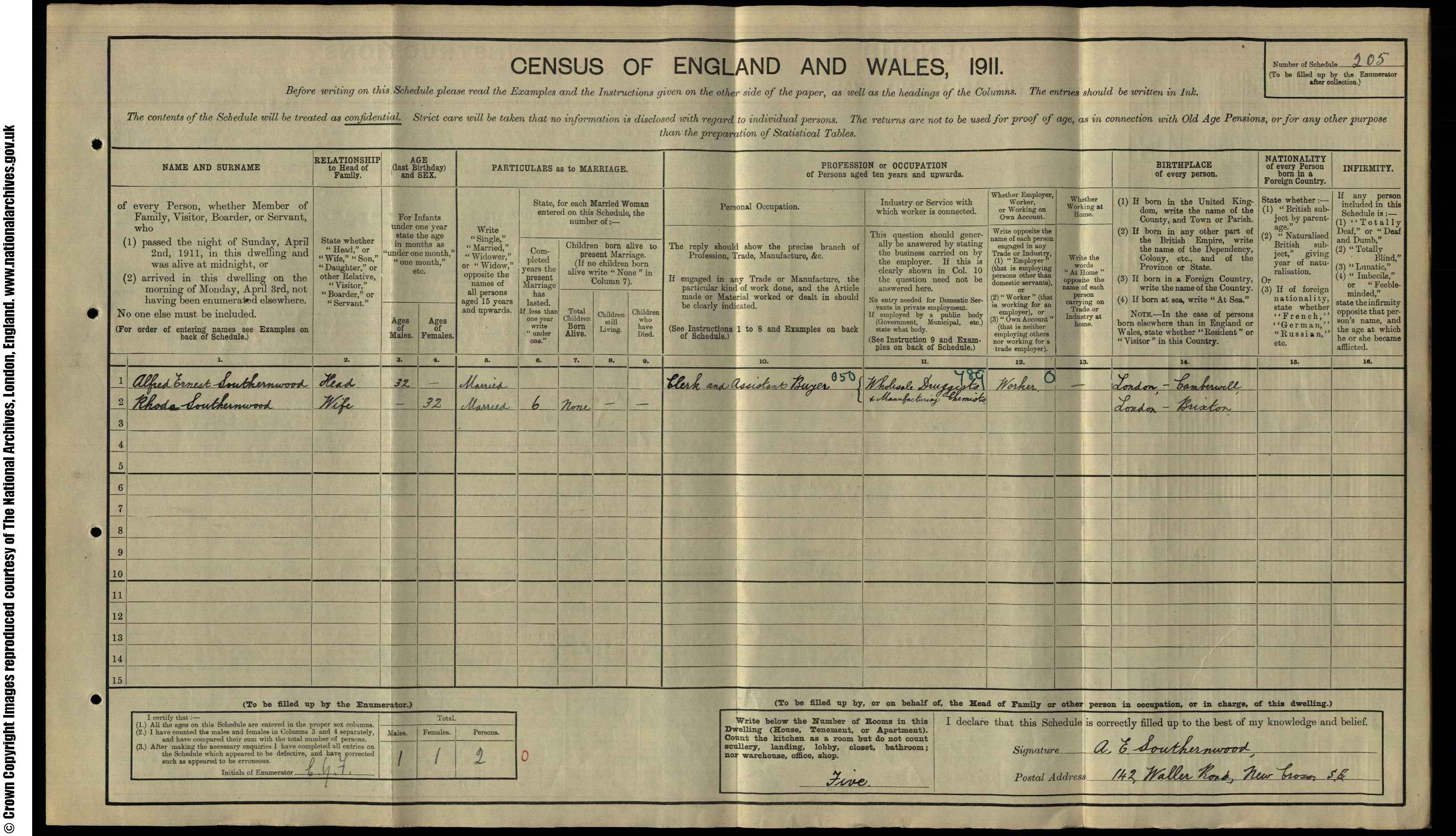 1911: 142  Waller Road New Cross S E, London