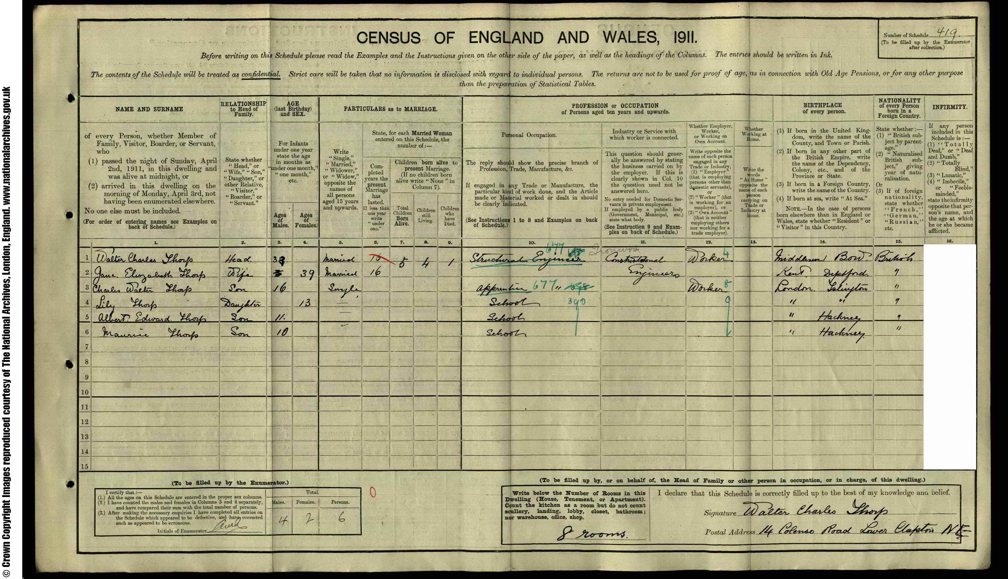 1911: 14  Colenso Road Clapton, London