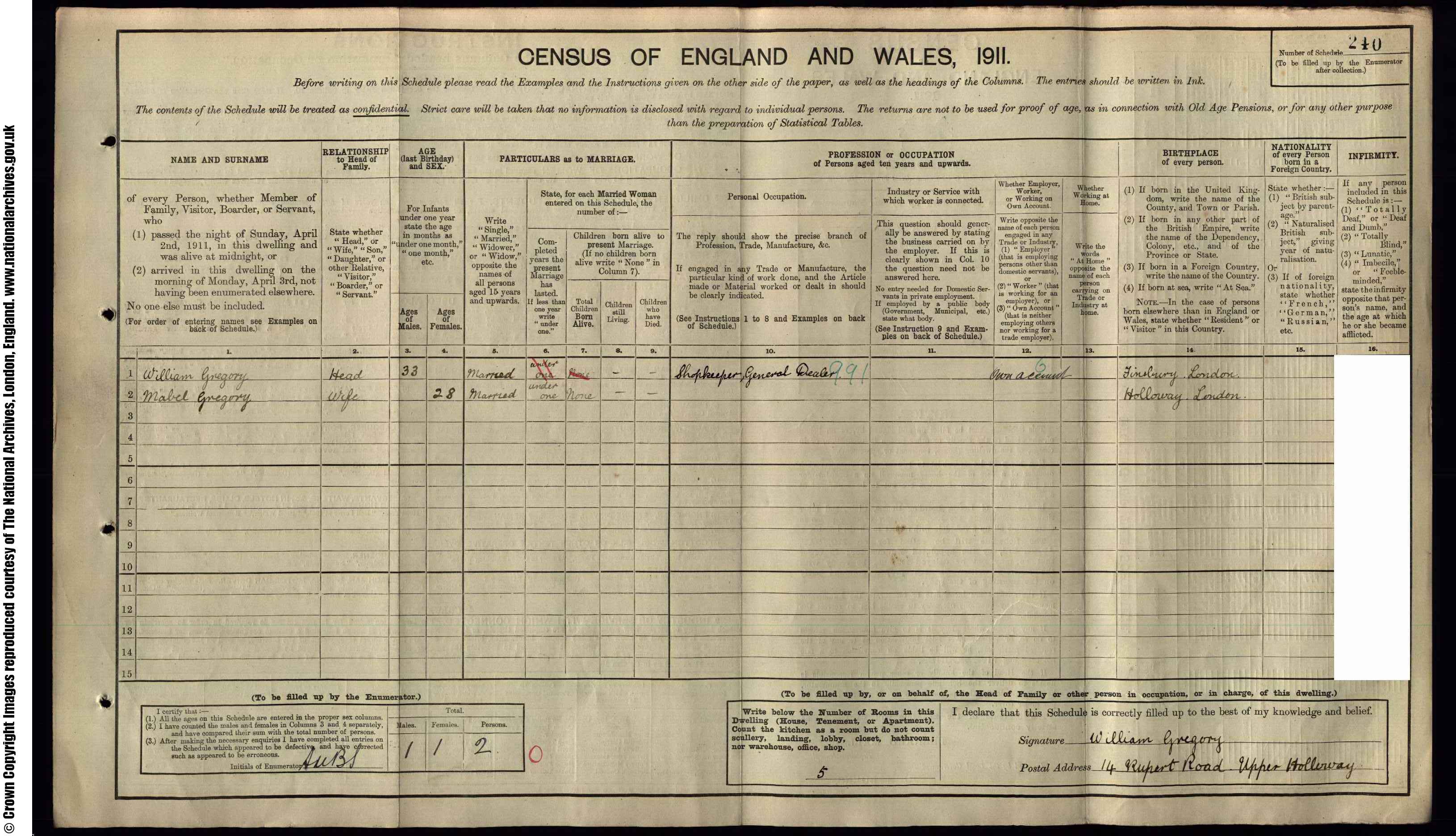 1911: 14  Rupert Road Holloway N, London