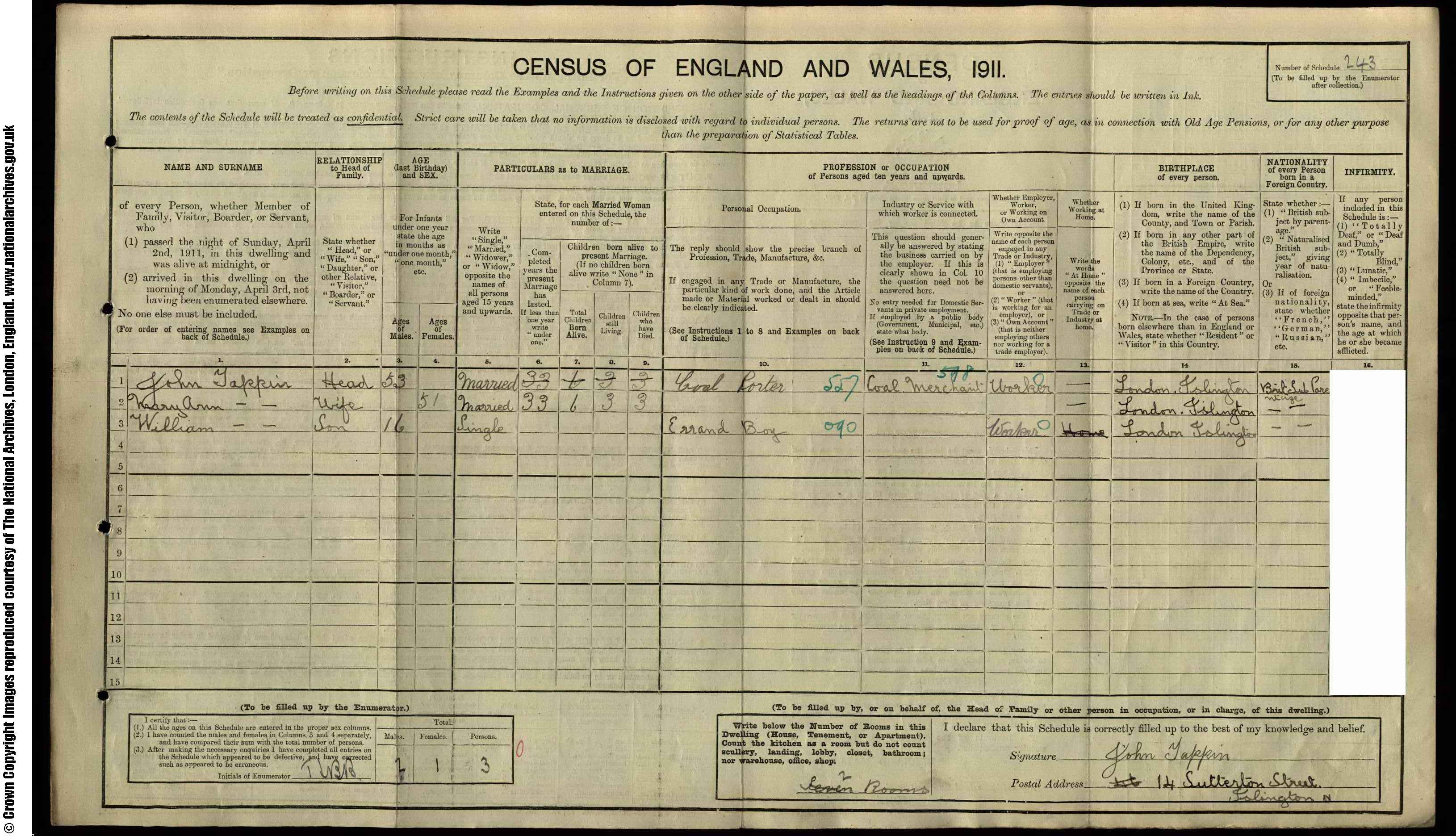 1911: 14  Sutterton St Holloway N, London