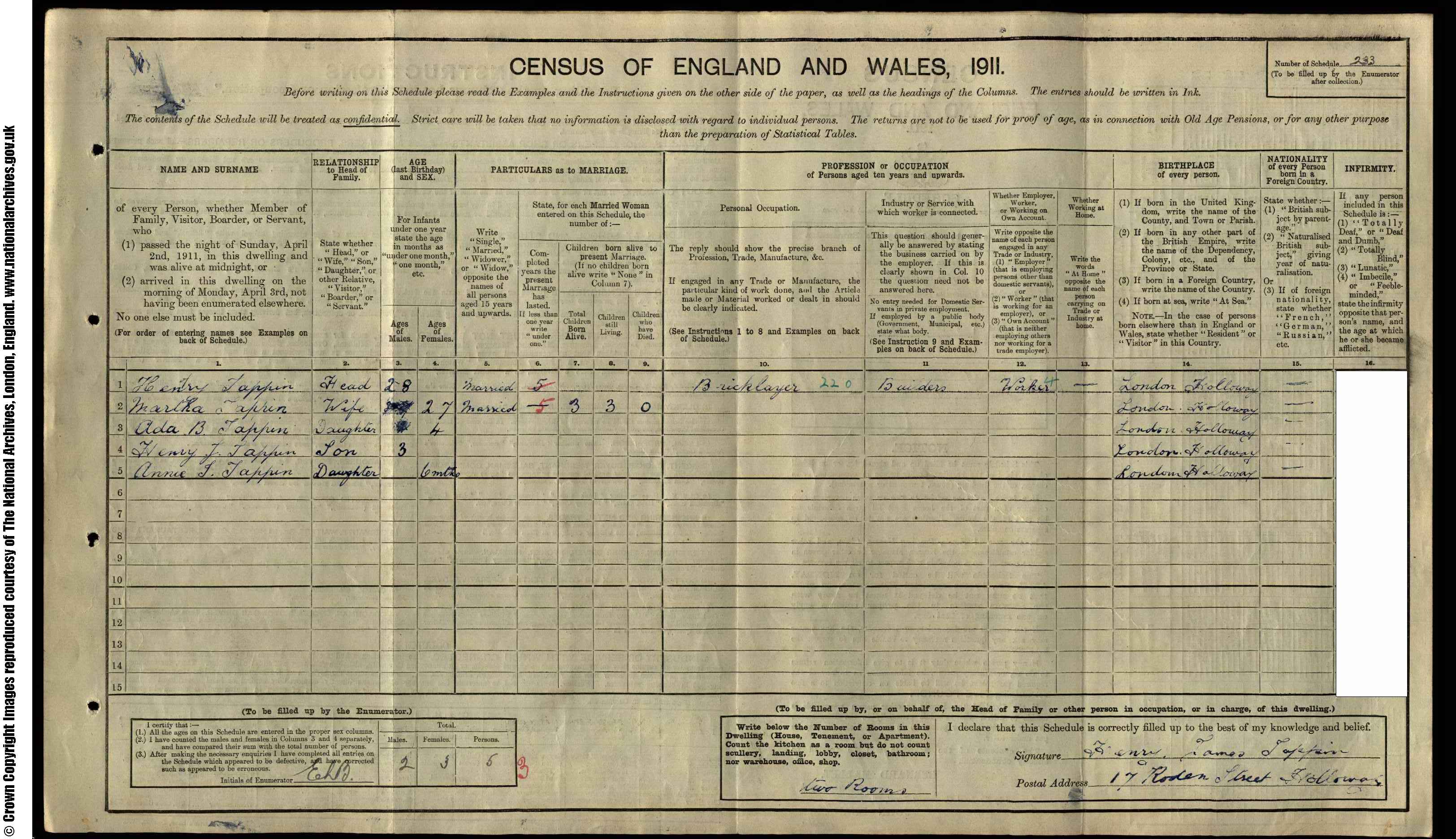 1911: 17  Roden Street Holloway N, London