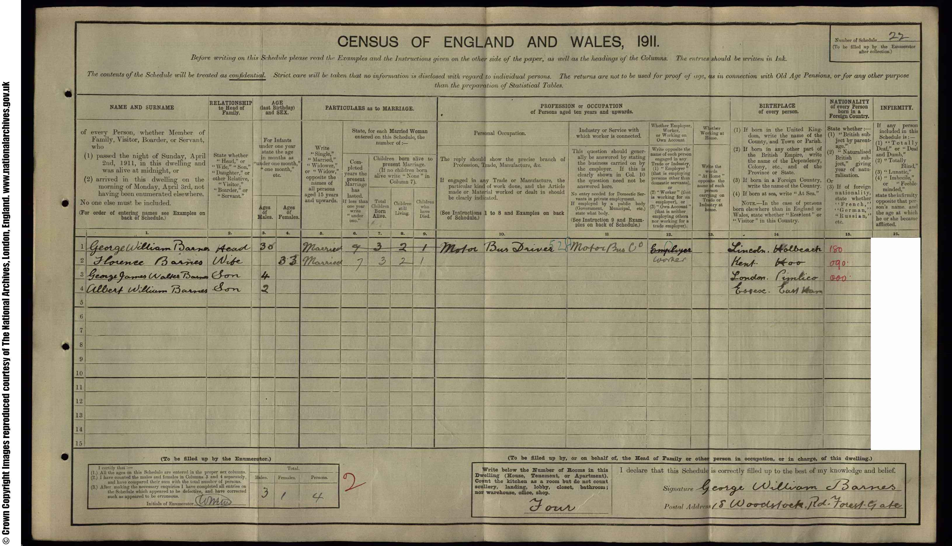 1911: 18  Woodstock Road Forest Gate, Essex