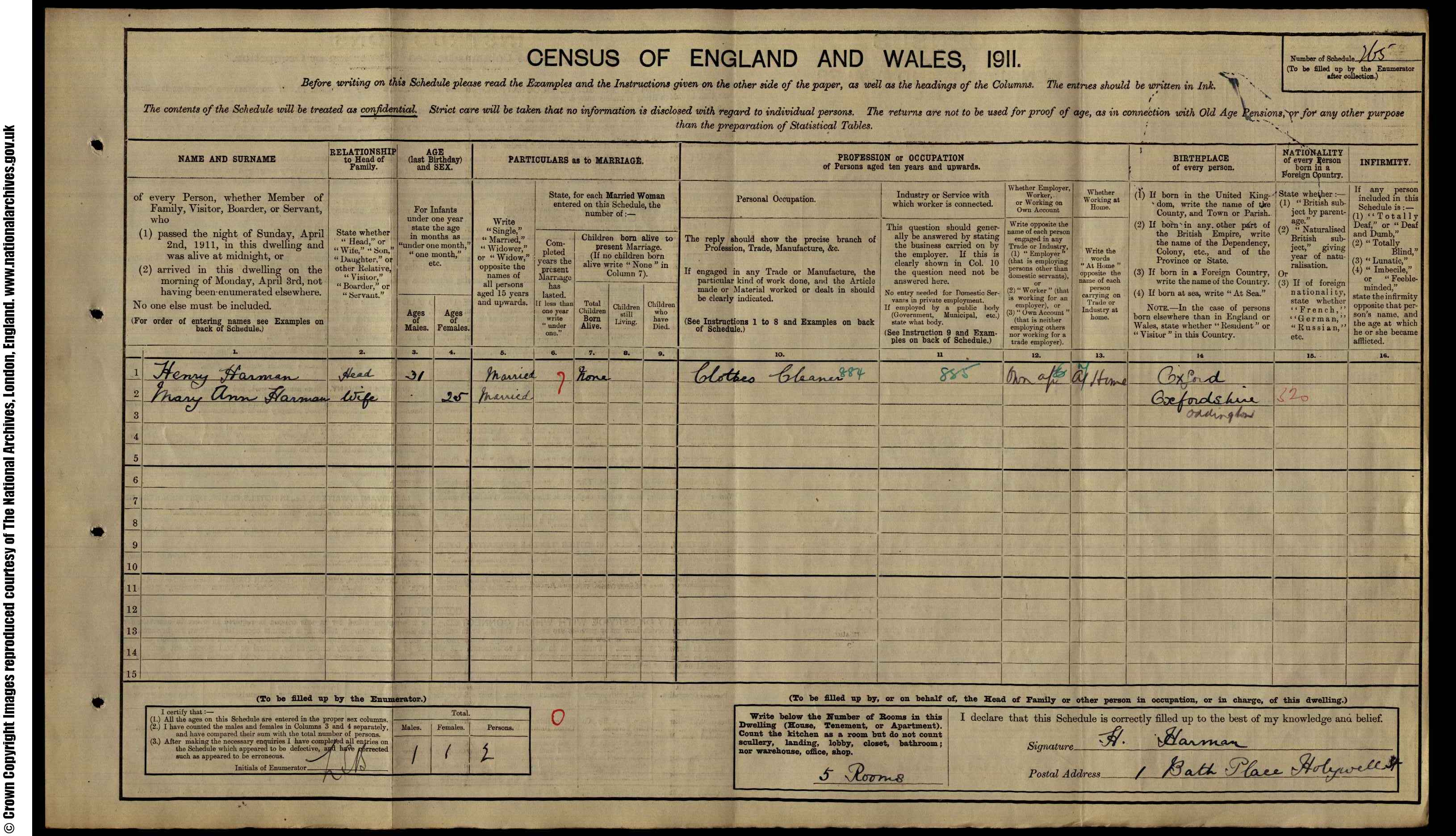 1911: 1  Bath Place Holywell, Oxfordshire