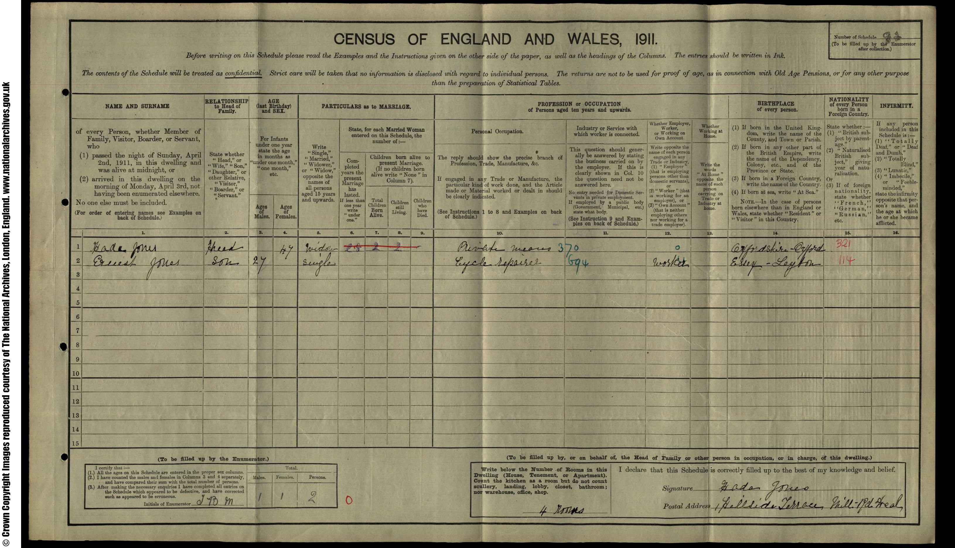 1911: 1  Hillside Terrace, Mill Road, Deal W, Kent