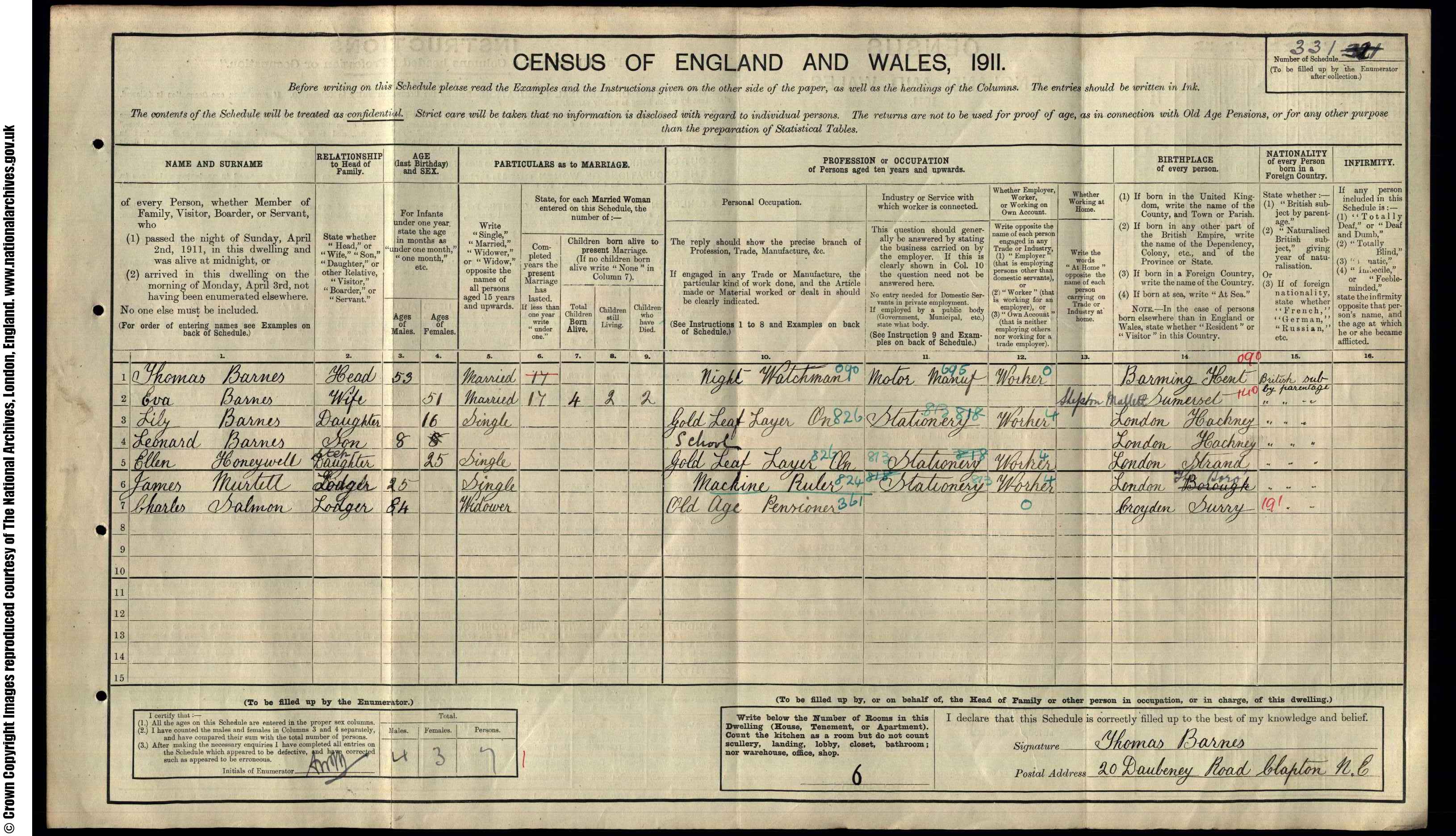 1911: 20  Daubeney Road Clapton Park London N E, London