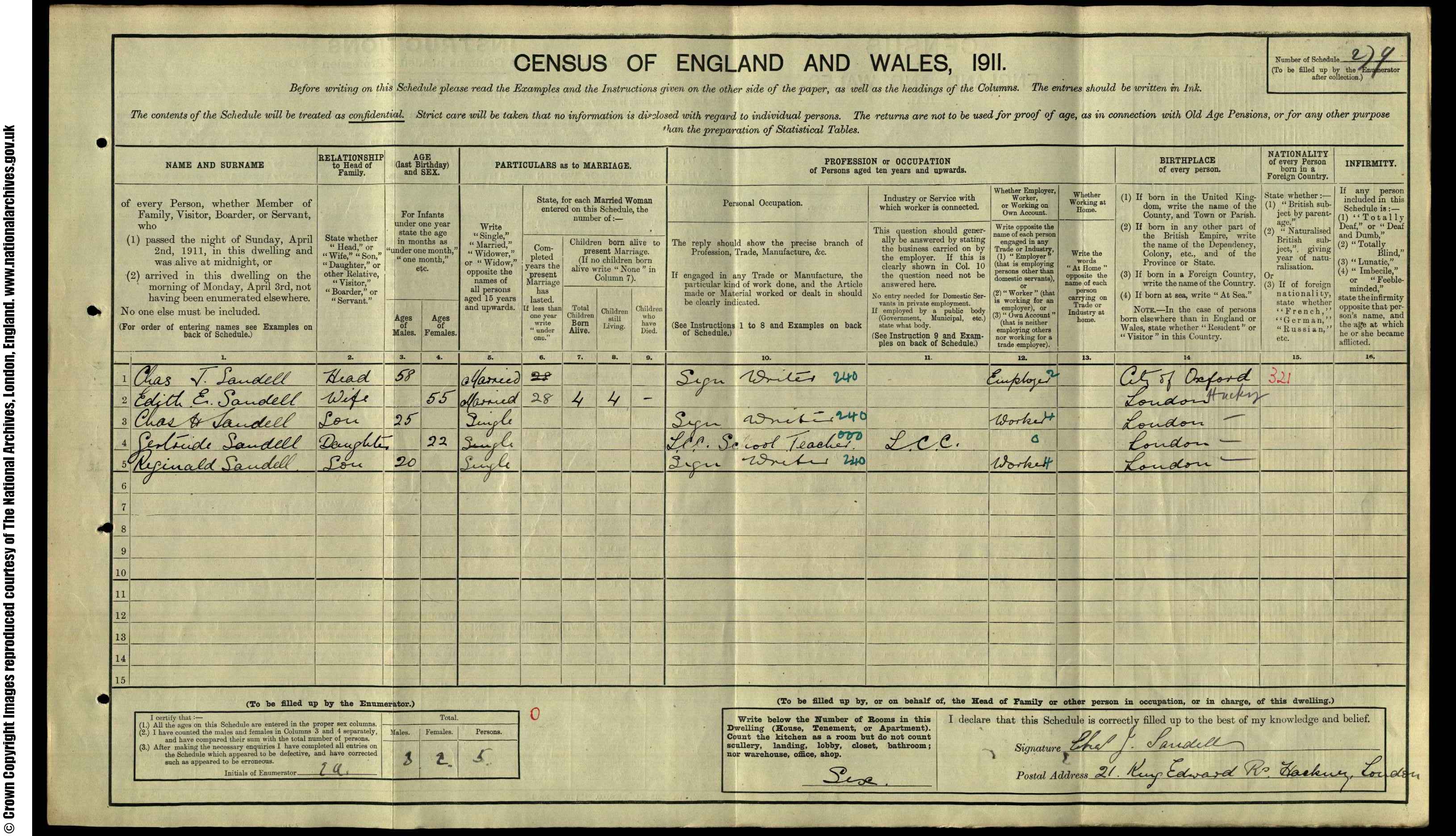 1911: 21  King Edward Road S Hackney N E, London