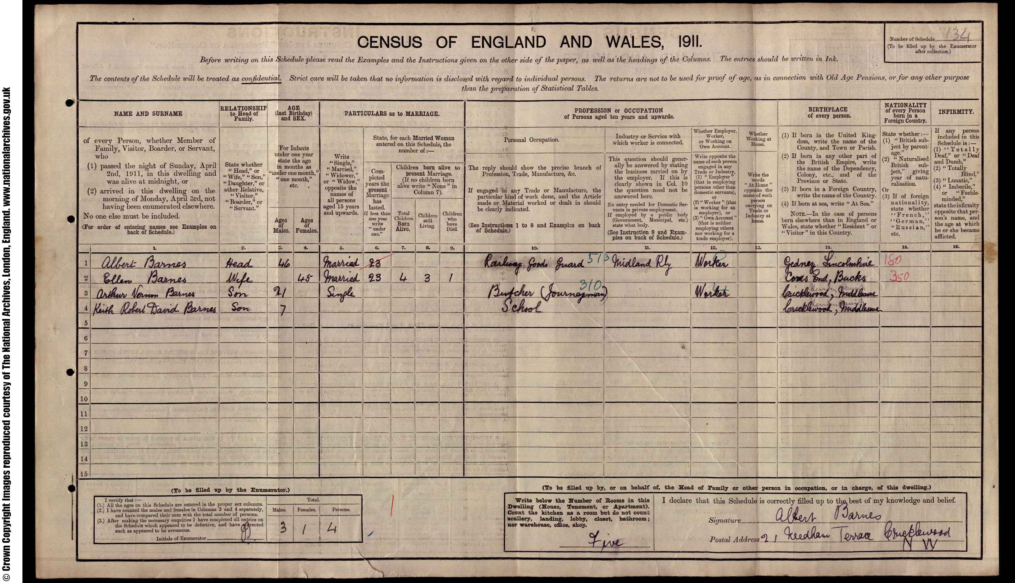 1911: 21  Needham Terrace Cricklewood London N W, Middlesex