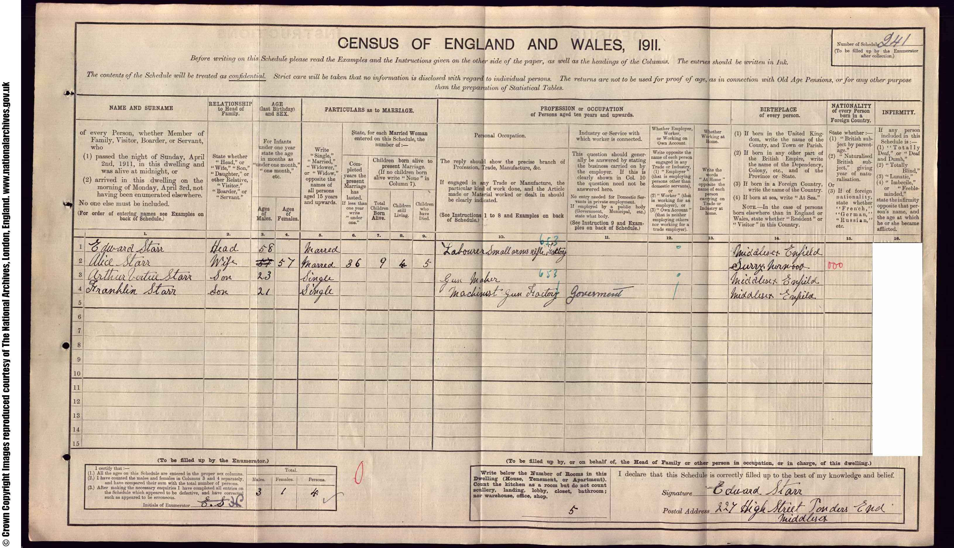 1911: 227  High Street, Ponders End, Middlesex, Middlesex