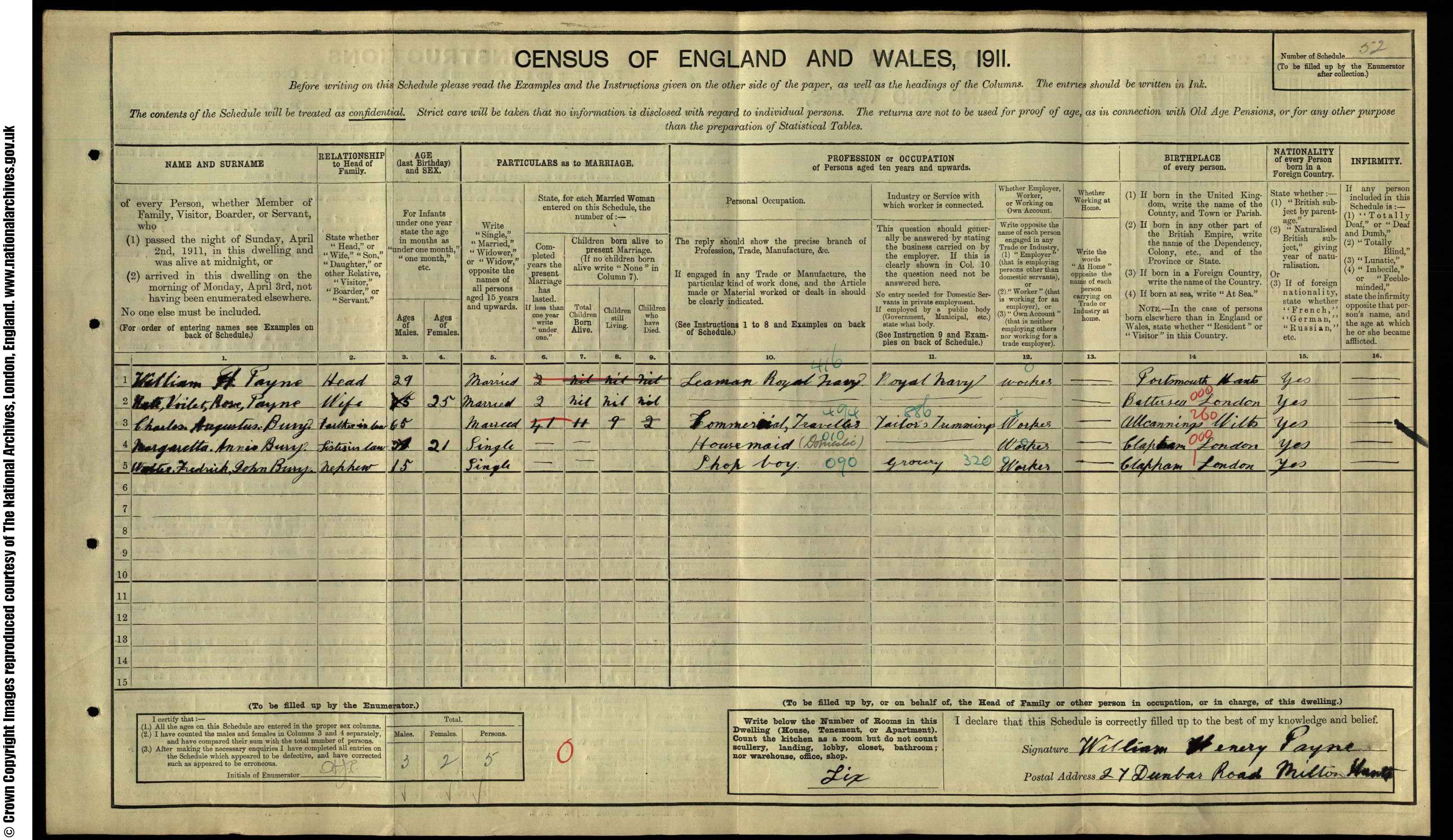 1911: 27 Dunbar Road, Portsmouth, Hampshire