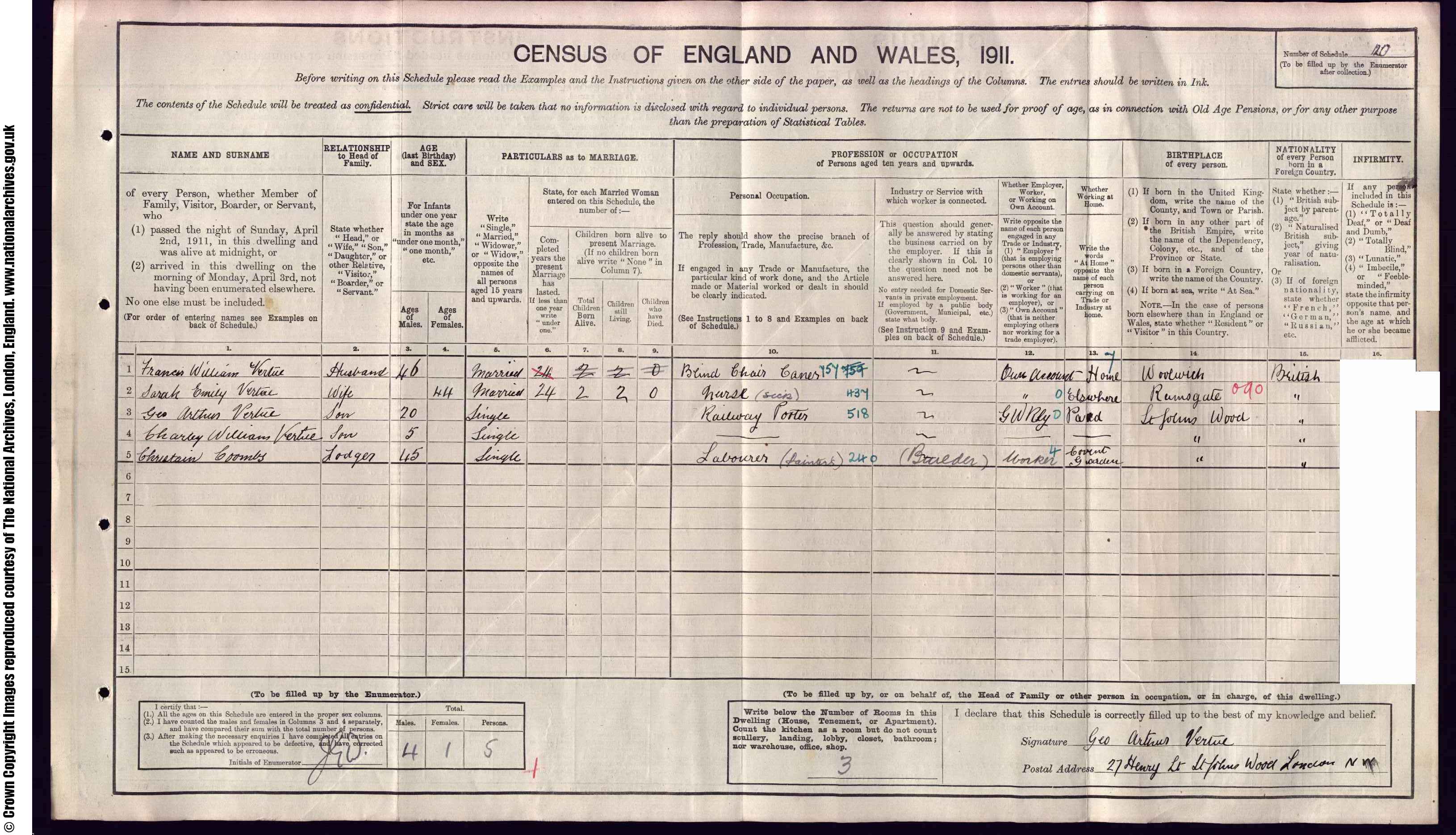 1911: 27  Henry St N W, London