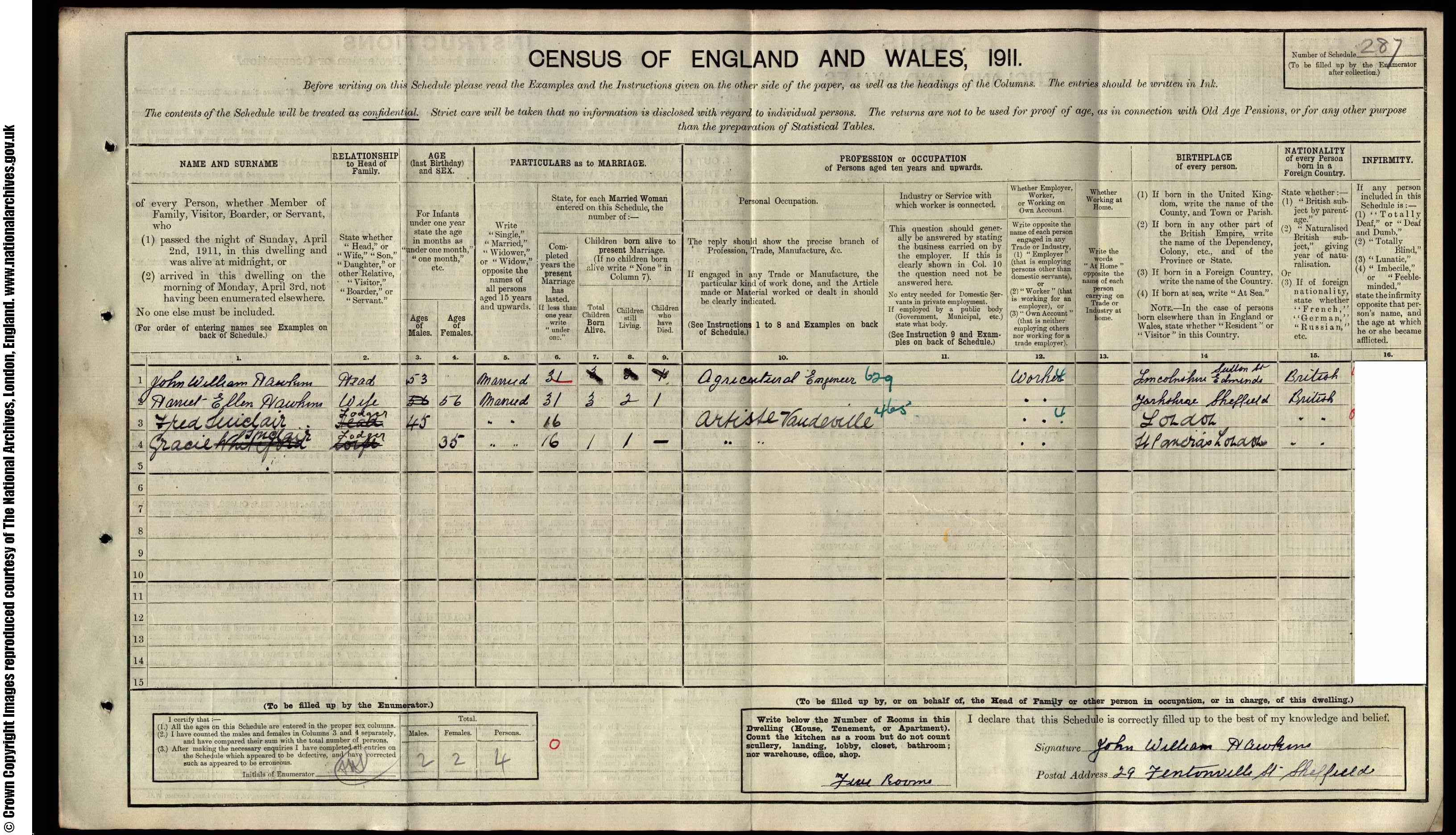 1911: 29  Fentonville St Sheffield, Yorkshire (West riding)