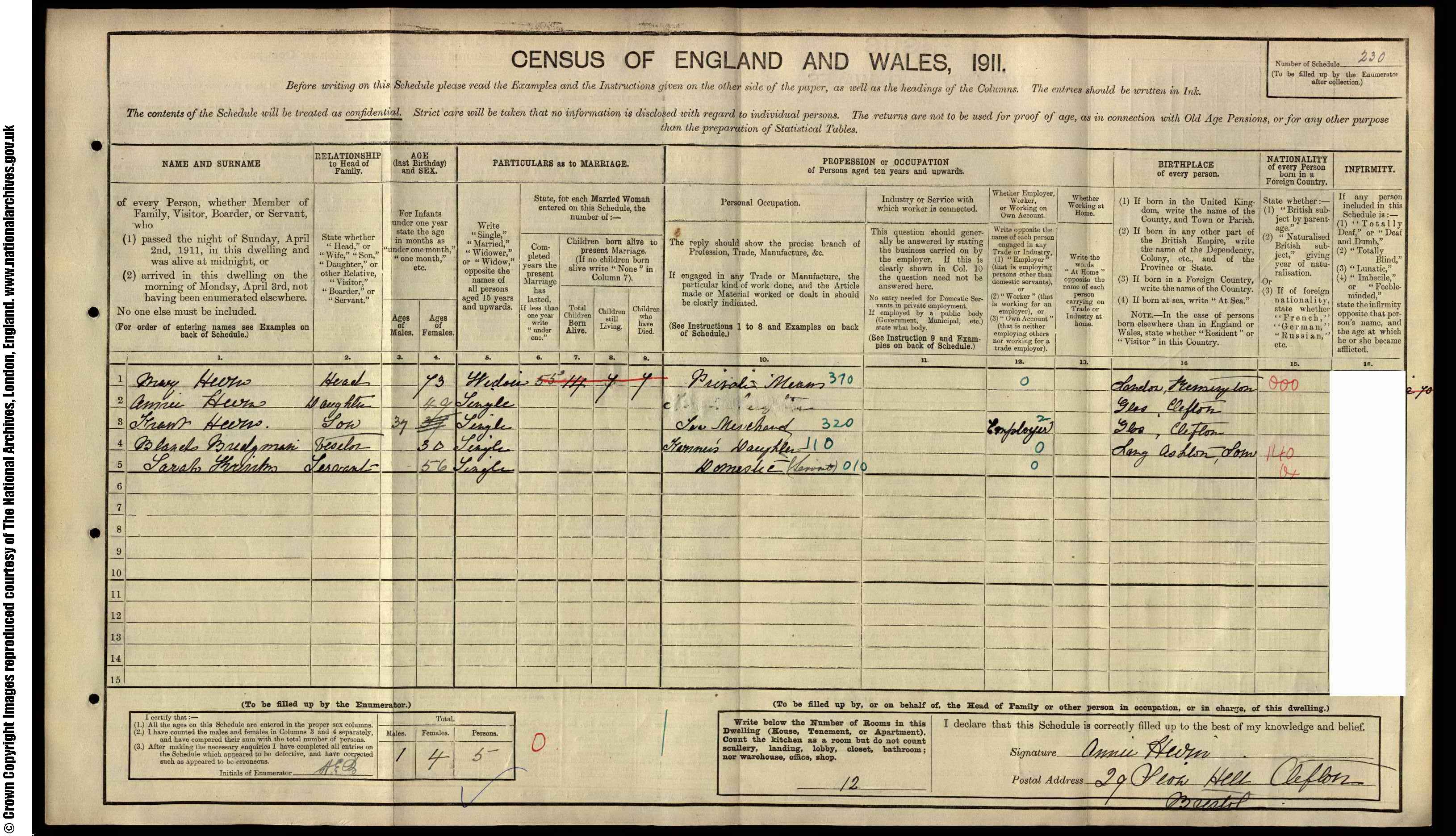 1911: 29  Sion Hill Clifton Bristol, Gloucestershire