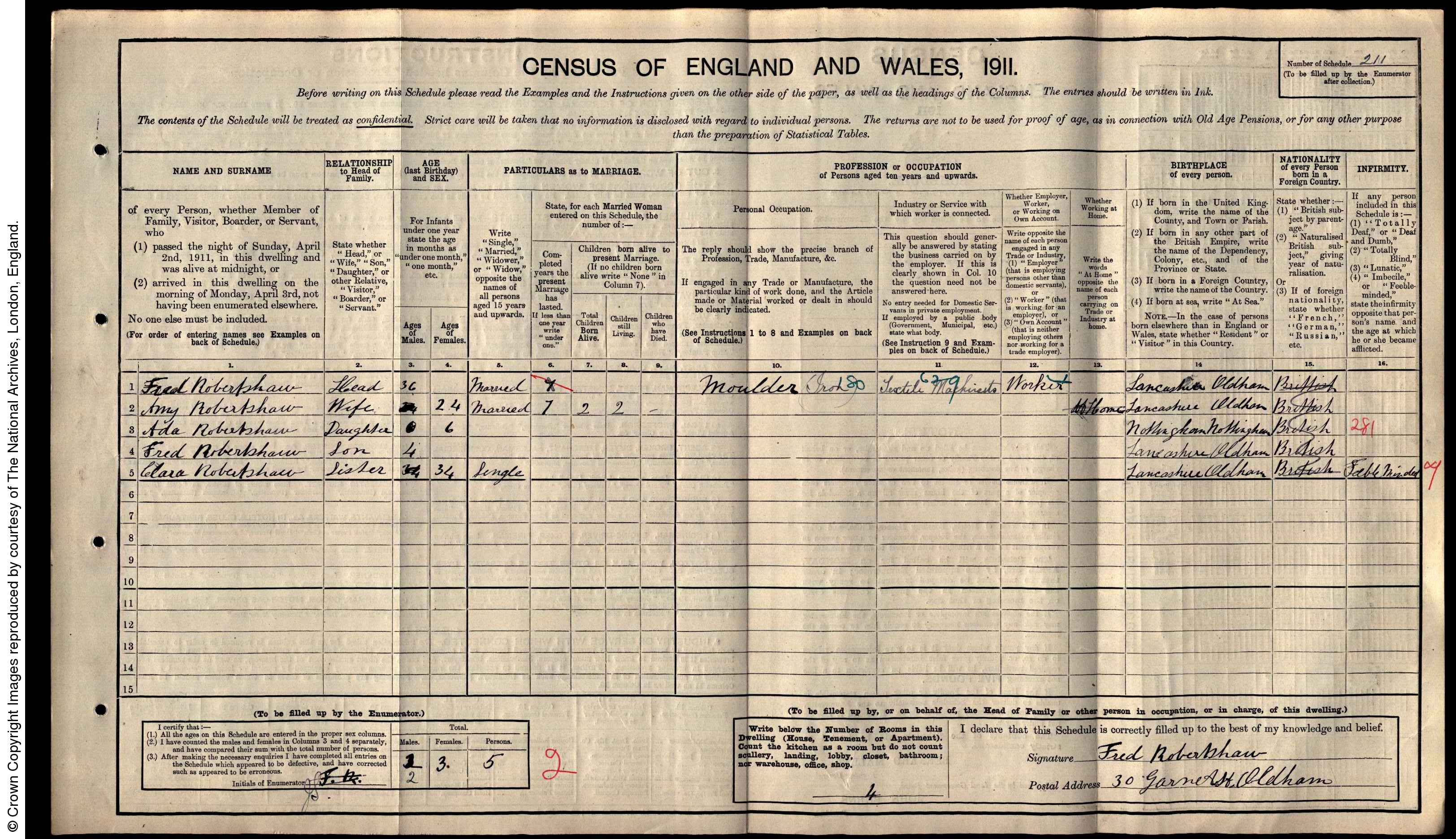 1911: 30 Garnett St Oldham, Lancashire