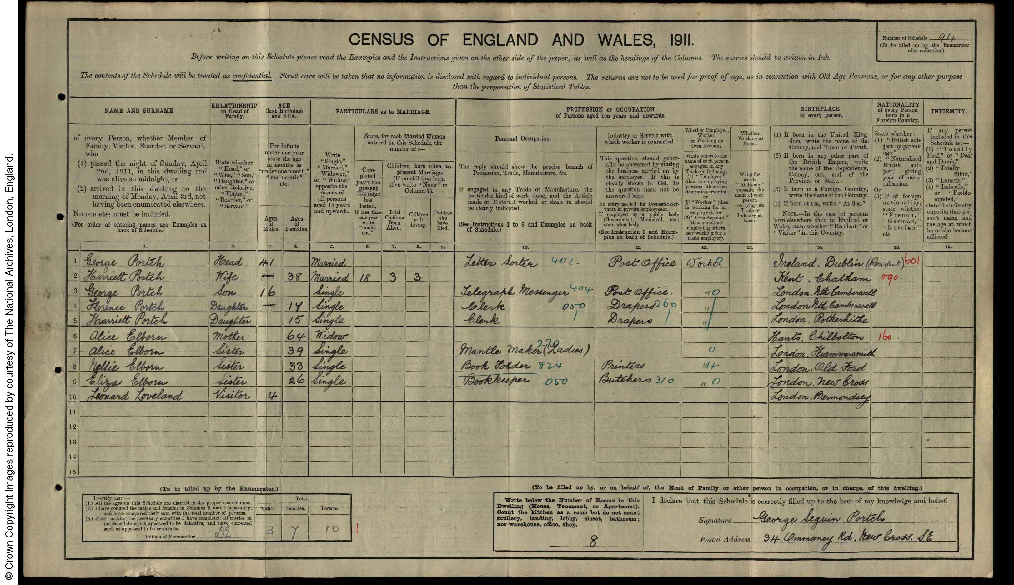 1911: 34 Ommaney Road S E, St Paul Deptford, London