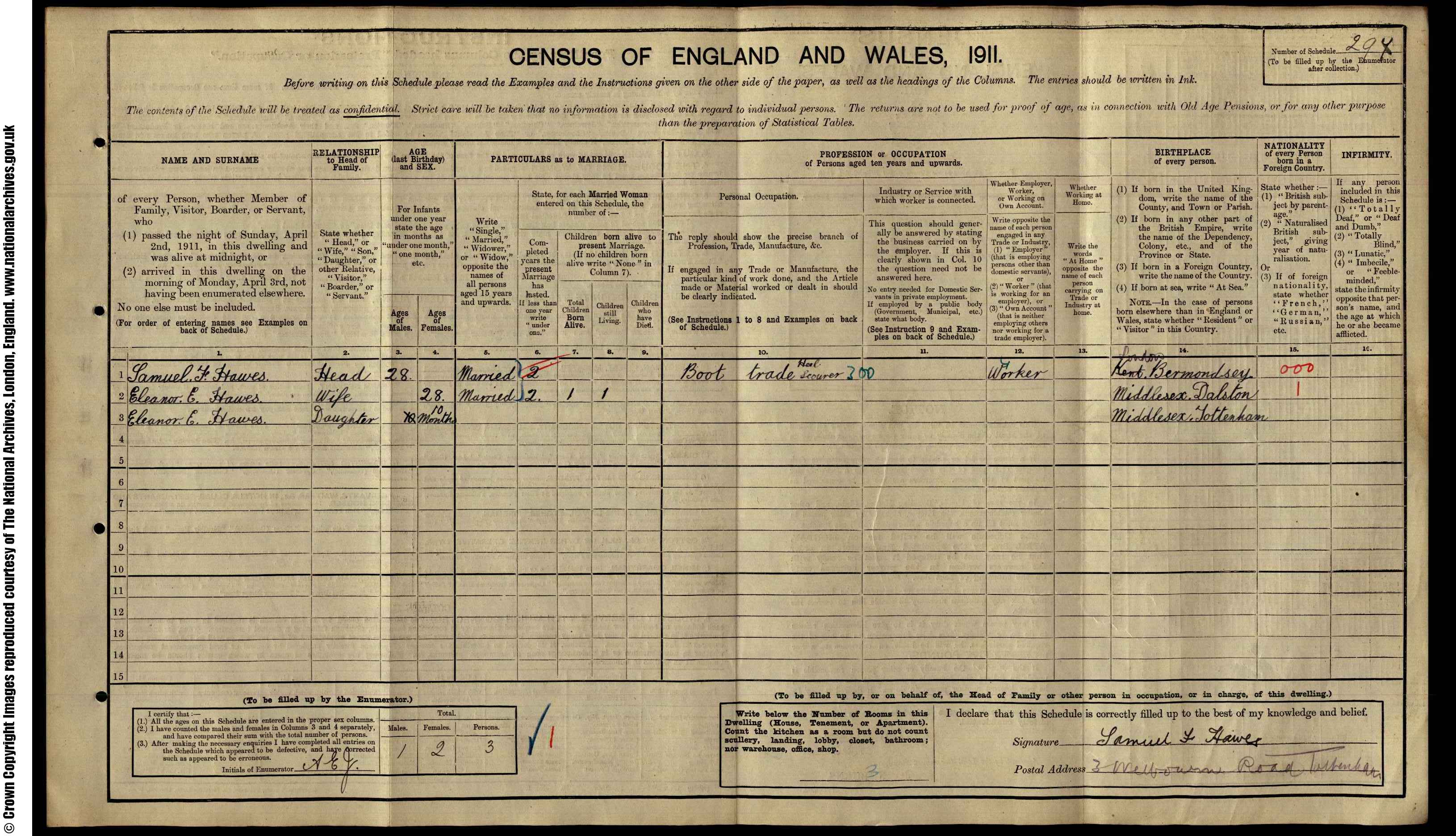 1911: 3  Welbourne Road, Middlesex