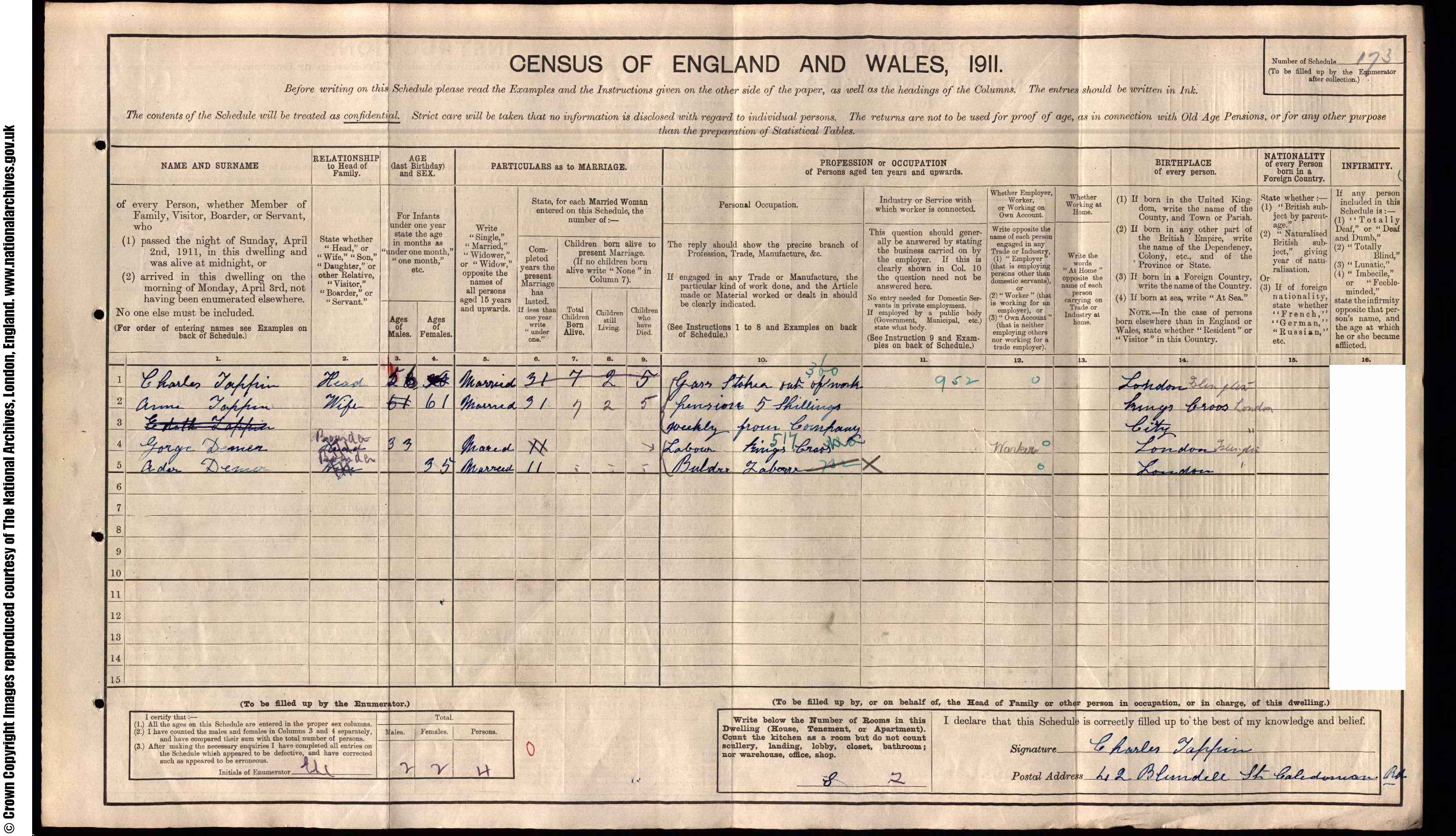 1911: 42 Blundell St, Islington N, London