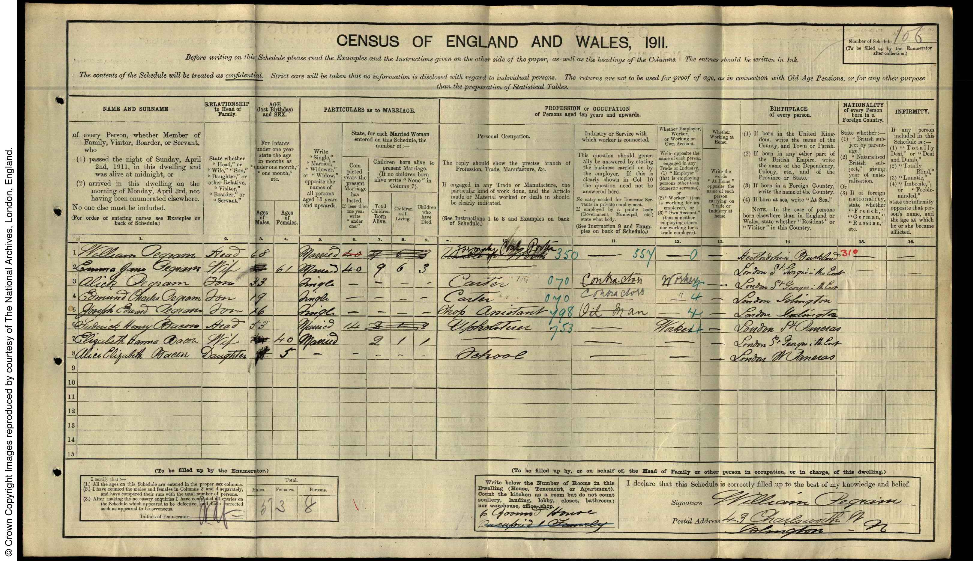 1911: 43 Charlesworth St, Islington N, London