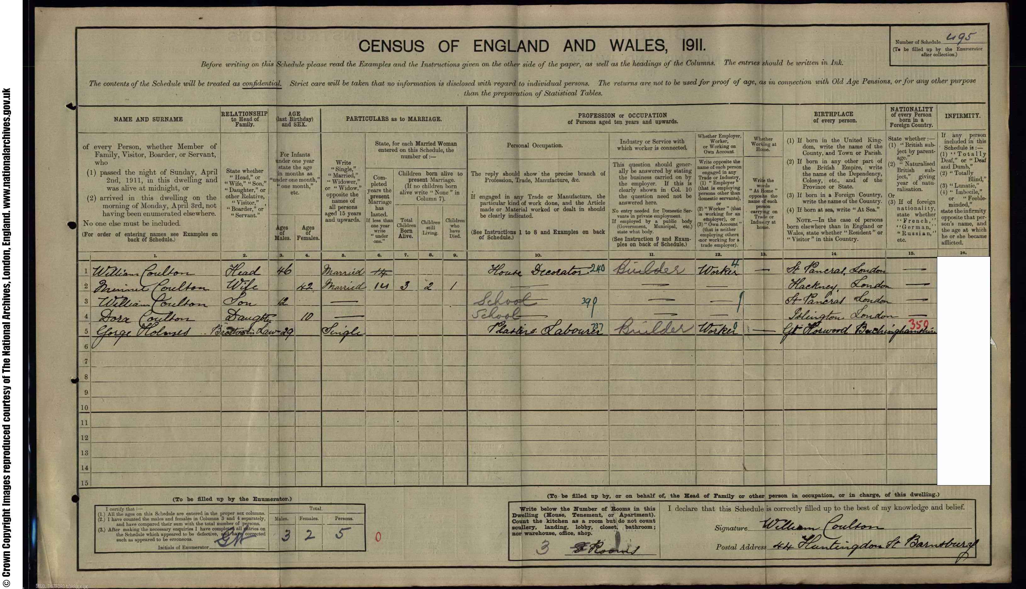 1911: 44  Huntingdon Street N, London