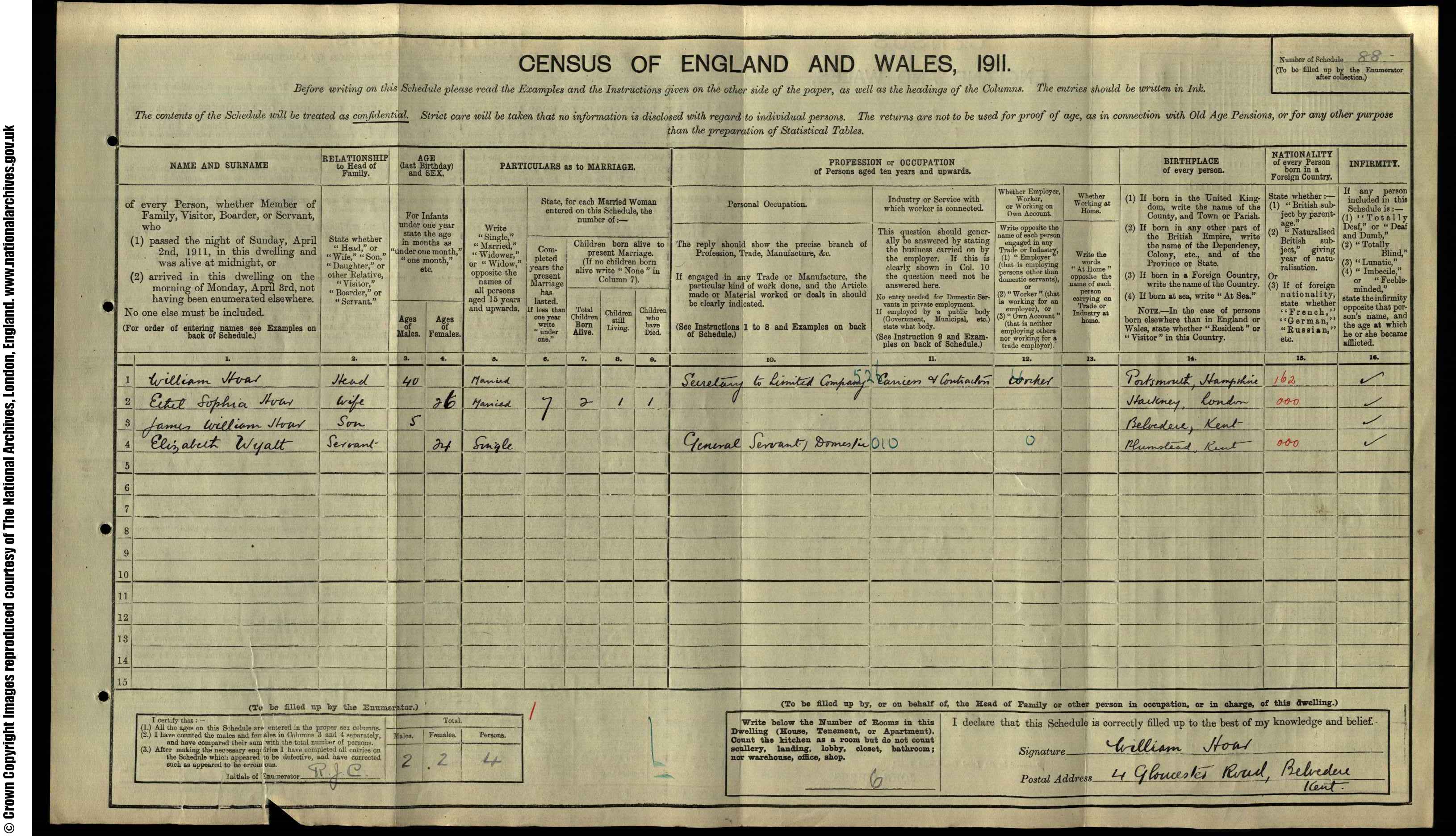 1911: 4 Gloucester Road, Belvedere, Kent