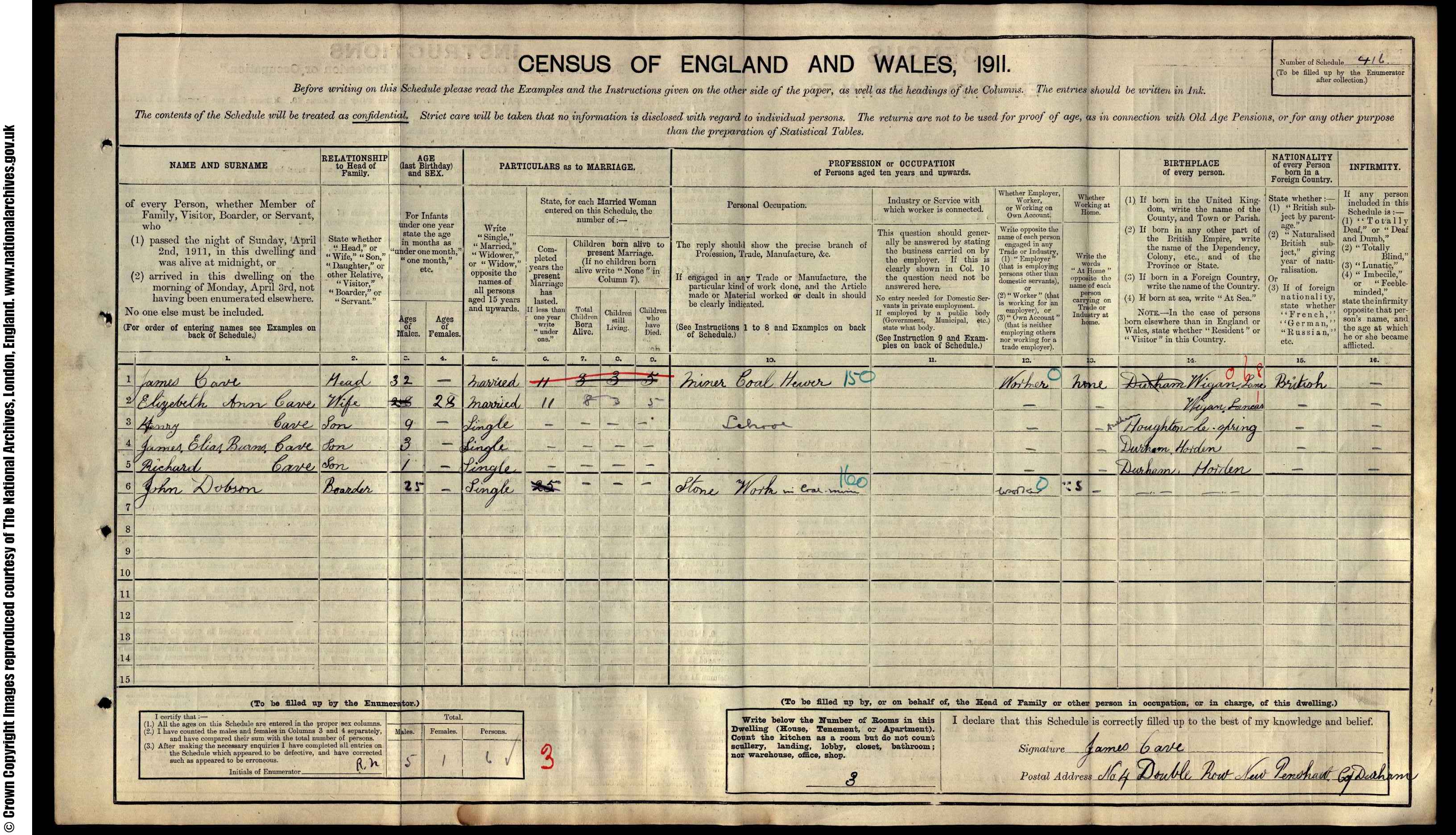 1911: 4  Double Row New Penshaw, Durham